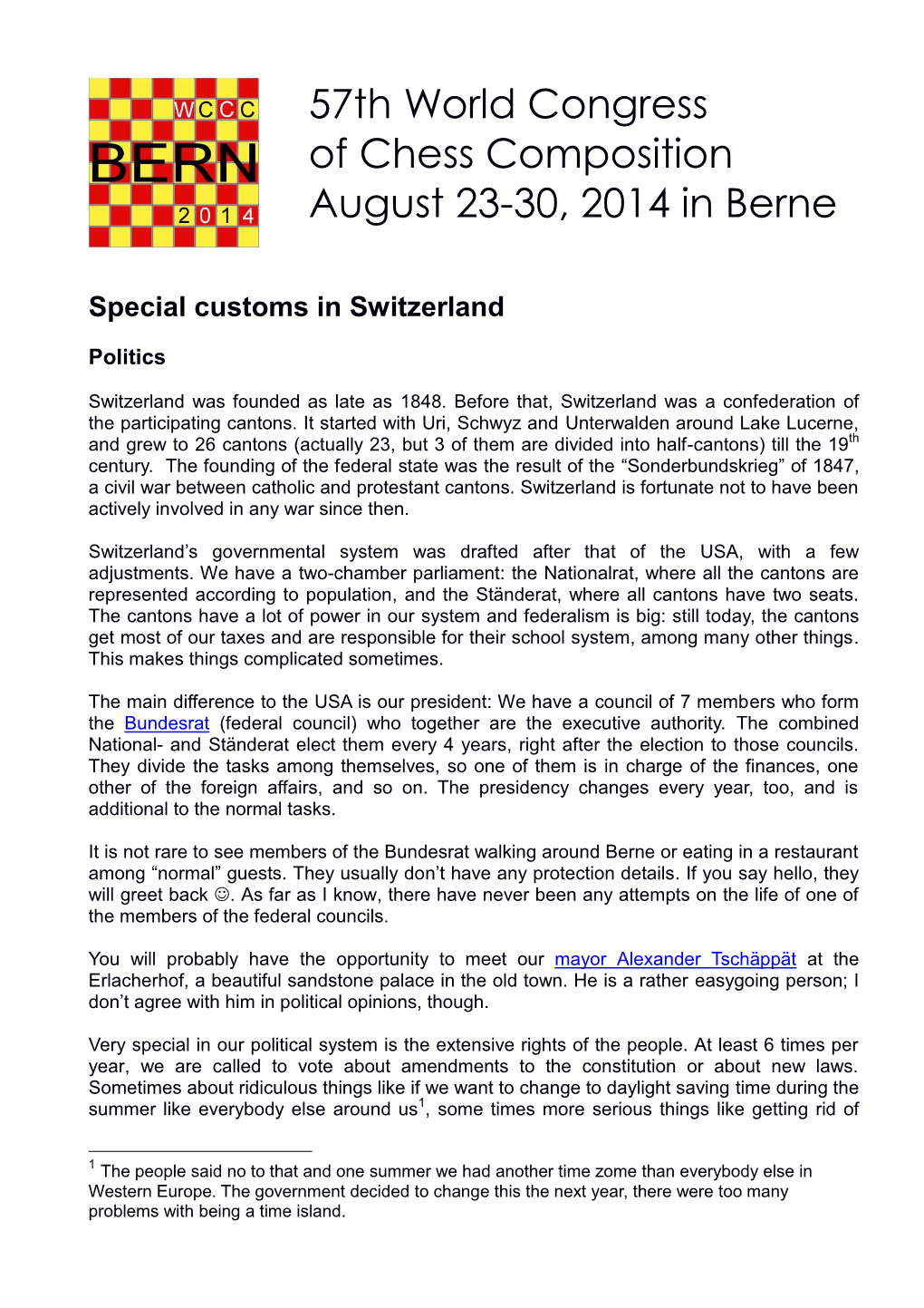 57Th World Congress of Chess Composition August 23-30, 2014 in Berne