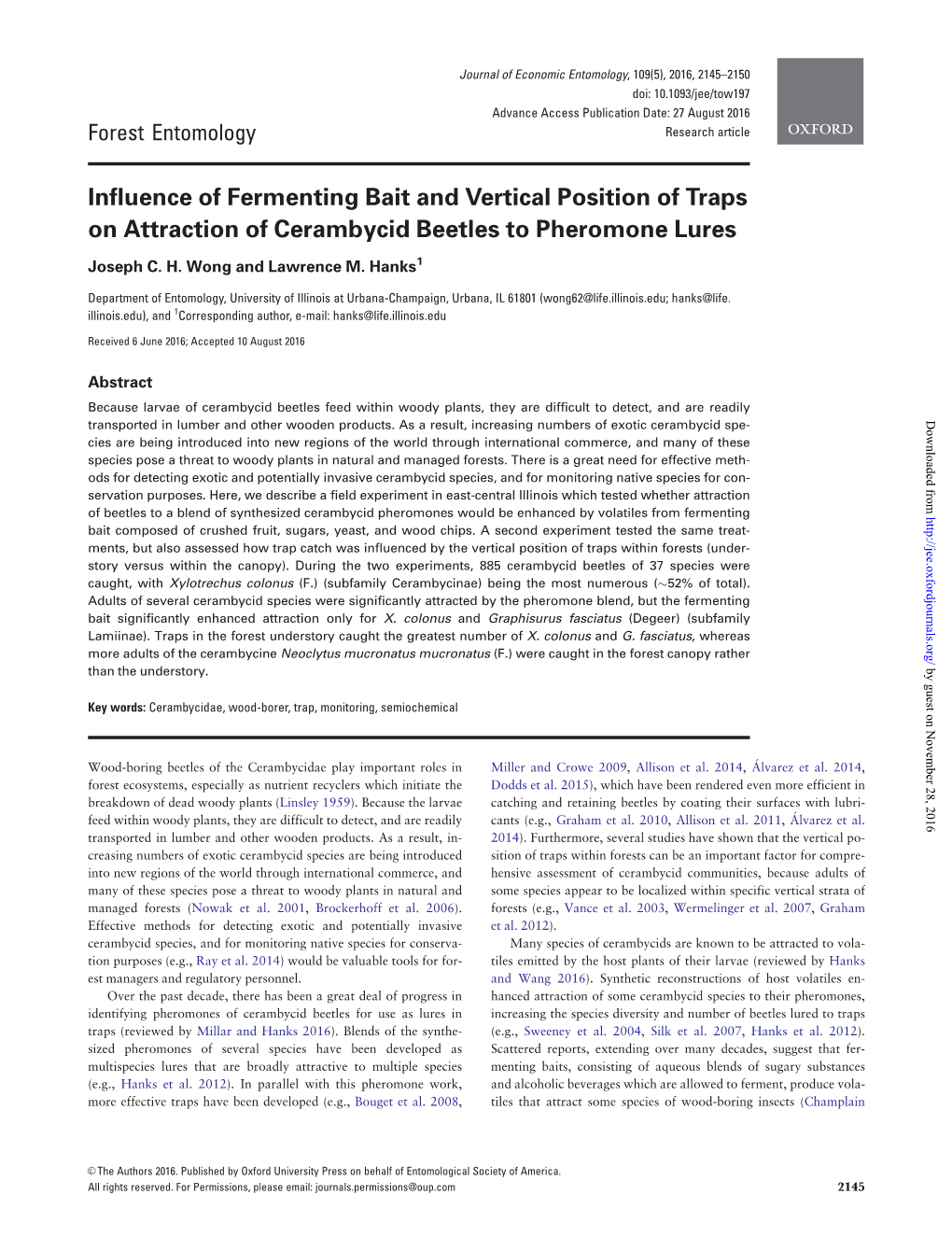 Influence of Fermenting Bait and Vertical Position of Traps on Attraction of Cerambycid Beetles to Pheromone Lures