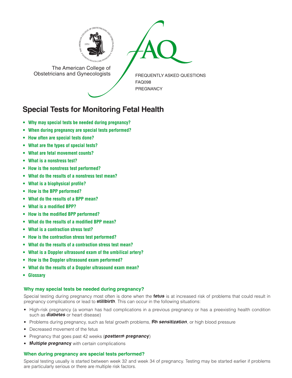 FAQ098 -- Special Tests for Monitoring Fetal Health