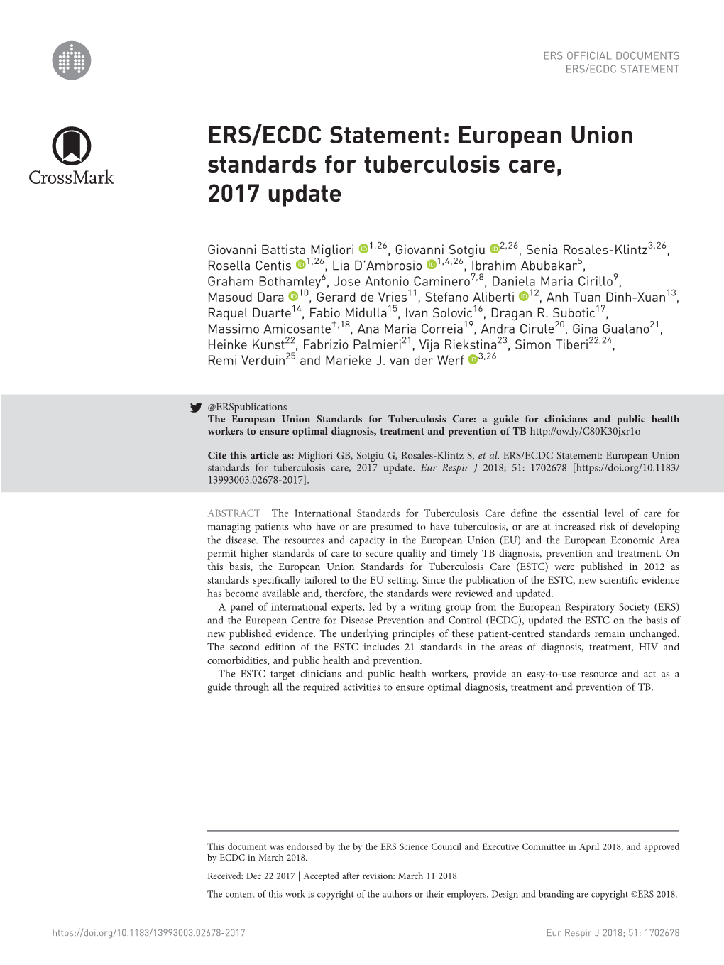 ERS/ECDC Statement: European Union Standards for Tuberculosis Care, 2017 Update