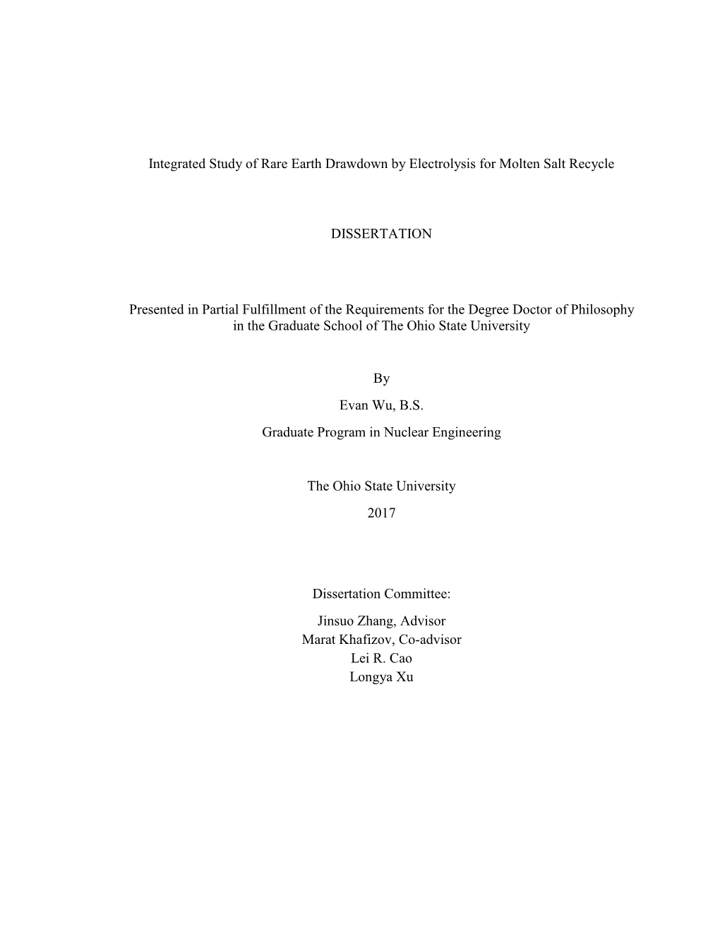 I Integrated Study of Rare Earth Drawdown by Electrolysis For