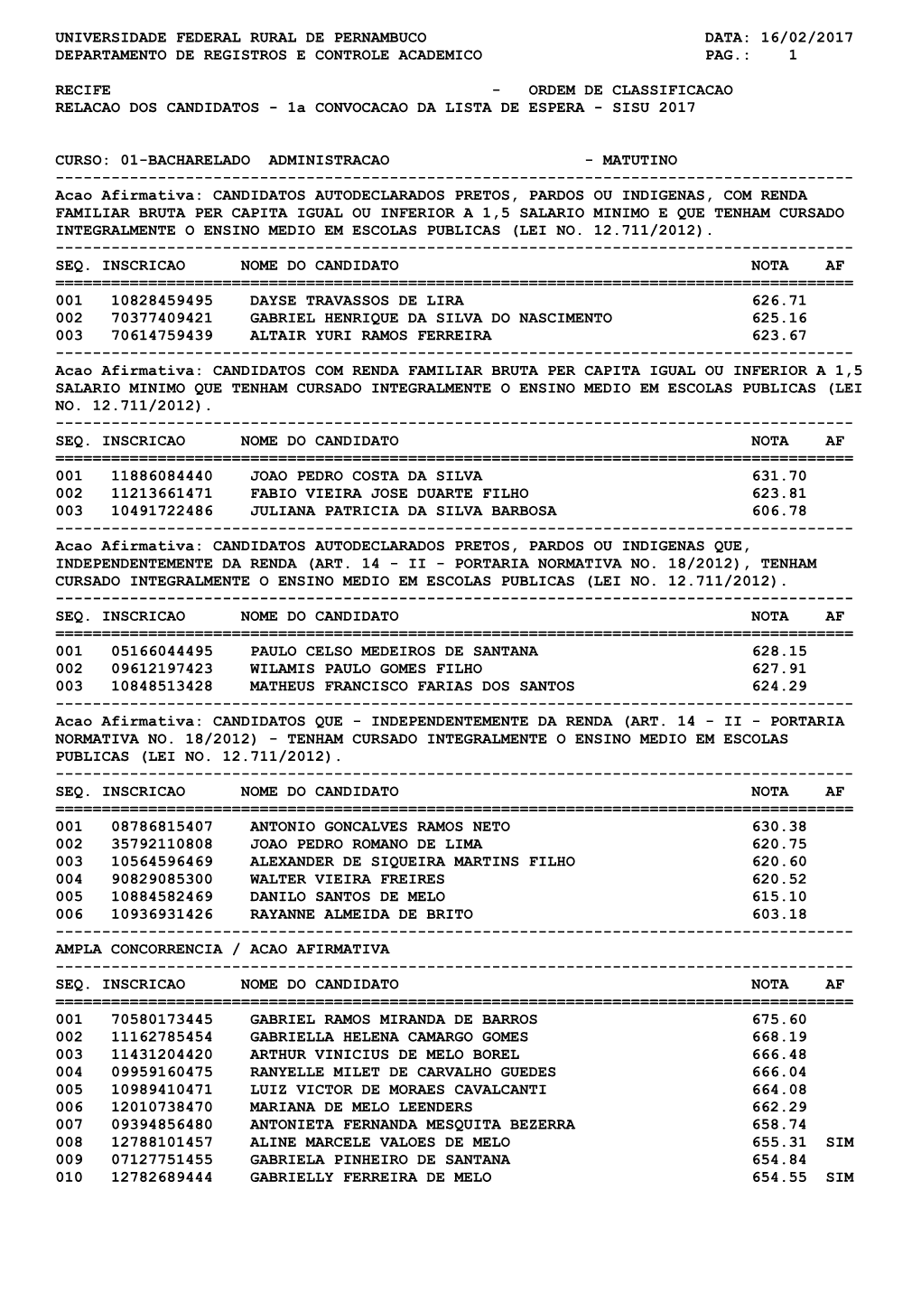 16/02/2017 Departamento De Registros E Controle Academico Pag.: 1