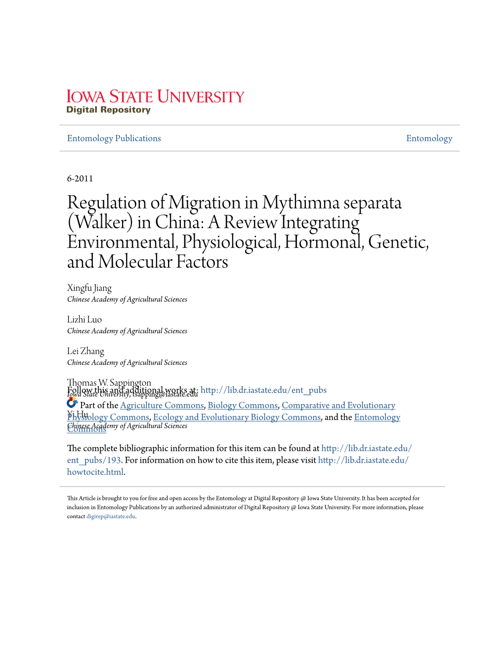 Regulation of Migration in Mythimna Separata (Walker) in China: a Review Integrating Environmental, Physiological, Hormonal