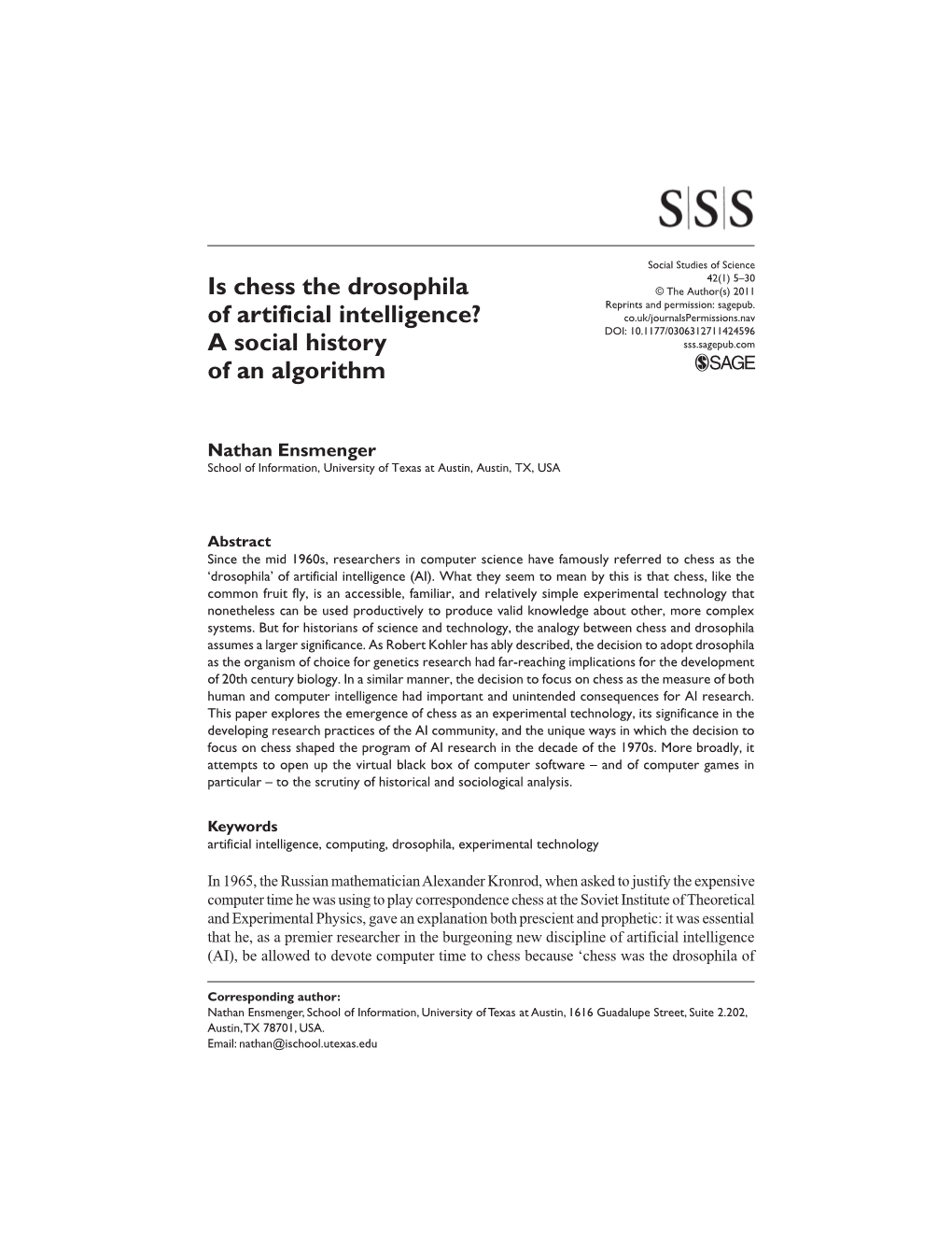 Is Chess the Drosophila of Artificial Intelligence? a Social History of an Algorithm