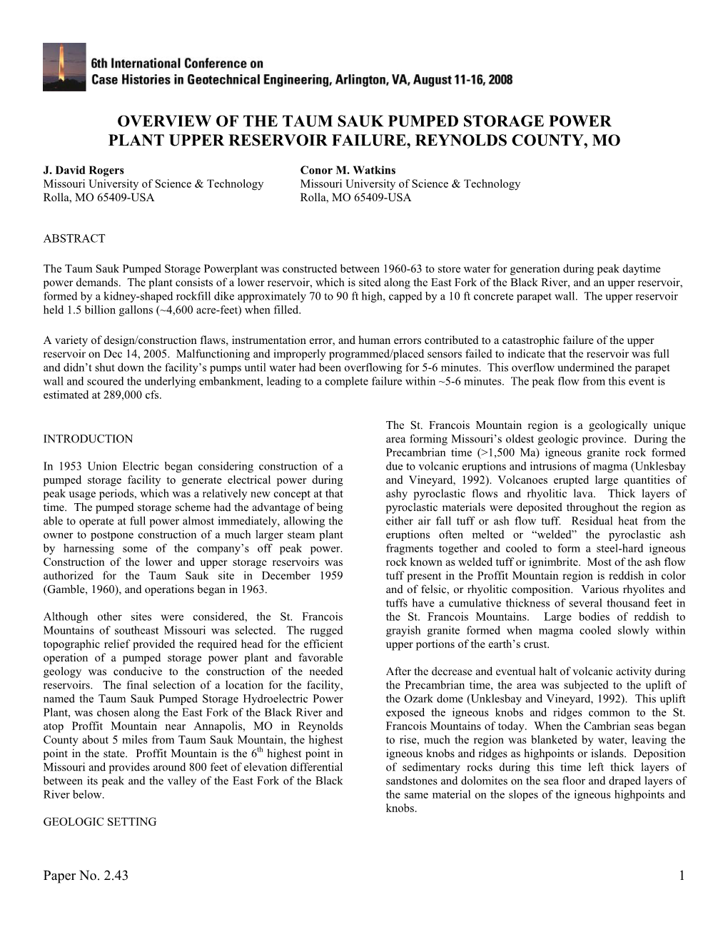 Overview of the Taum Sauk Pumped Storage Power Plant Upper Reservoir Failure, Reynolds County, Mo