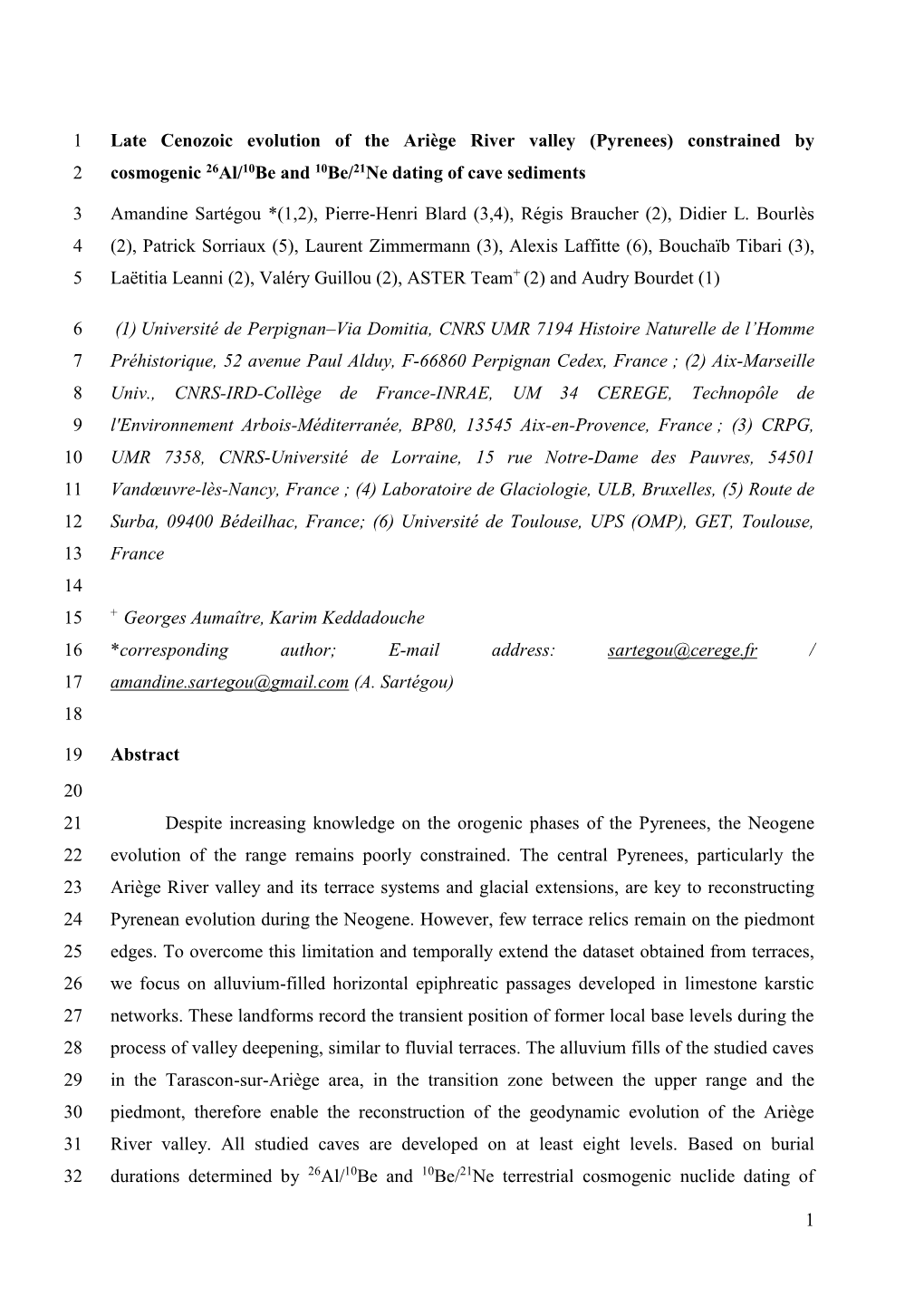 1 Late Cenozoic Evolution of the Ariège River Valley (Pyrenees) Constrained by 2 Cosmogenic 26Al/10Be and 10Be/21Ne Dating of Cave Sediments