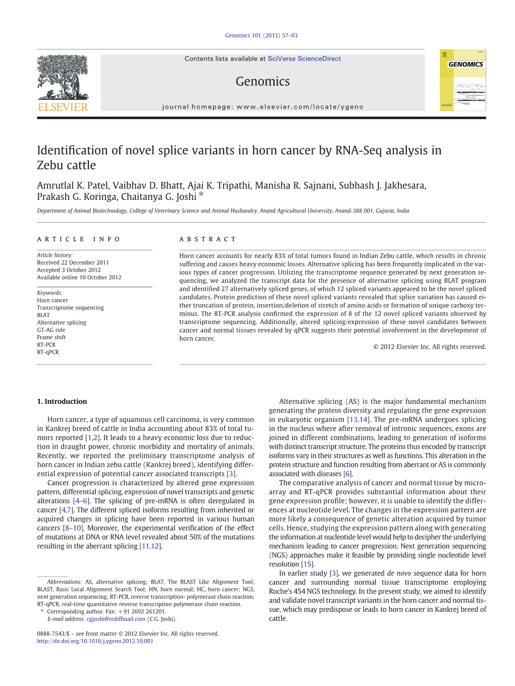 Identification of Novel Splice Variants in Horn Cancer by RNA-Seq Analysis