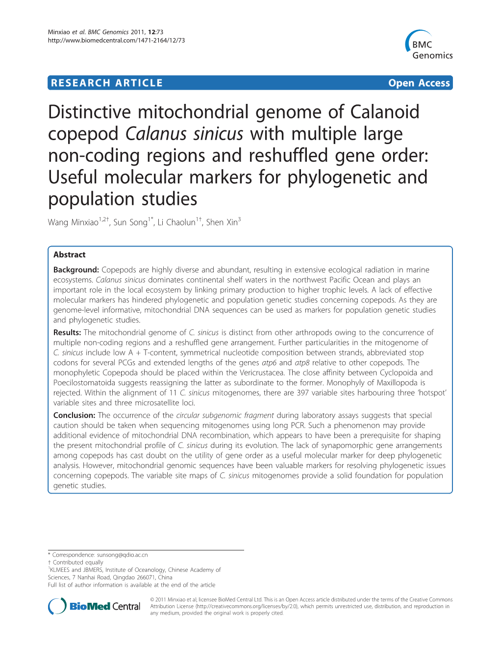 Distinctive Mitochondrial Genome of Calanoid Copepod Calanus Sinicus