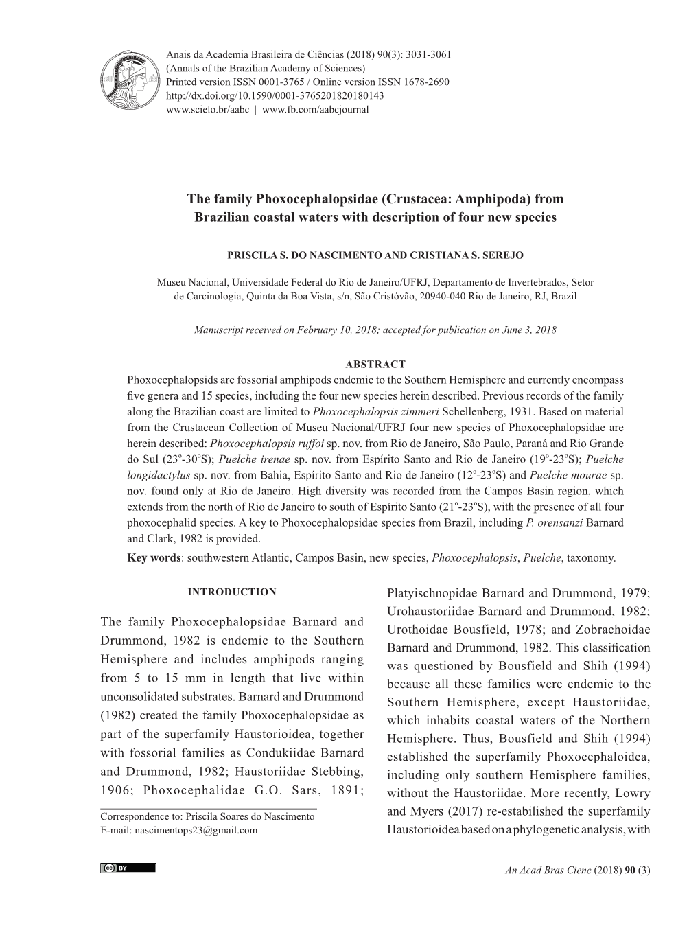 The Family Phoxocephalopsidae (Crustacea: Amphipoda) from Brazilian Coastal Waters with Description of Four New Species