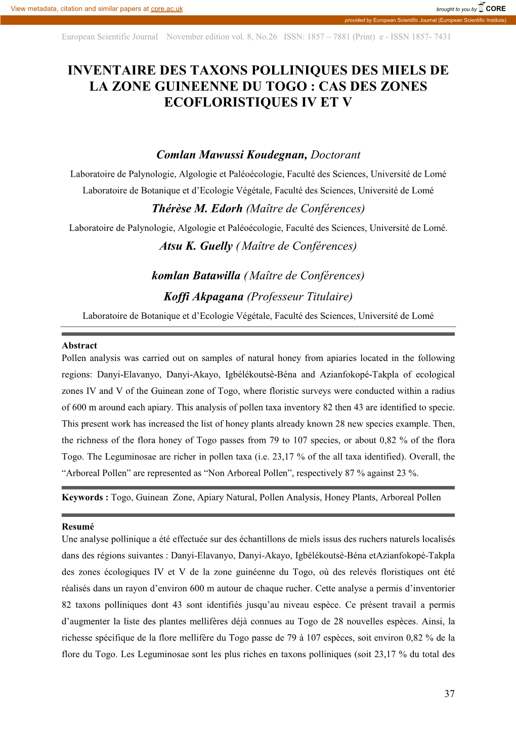 Inventaire Des Taxons Polliniques Des Miels De La Zone Guineenne Du Togo : Cas Des Zones Ecofloristiques Iv Et V