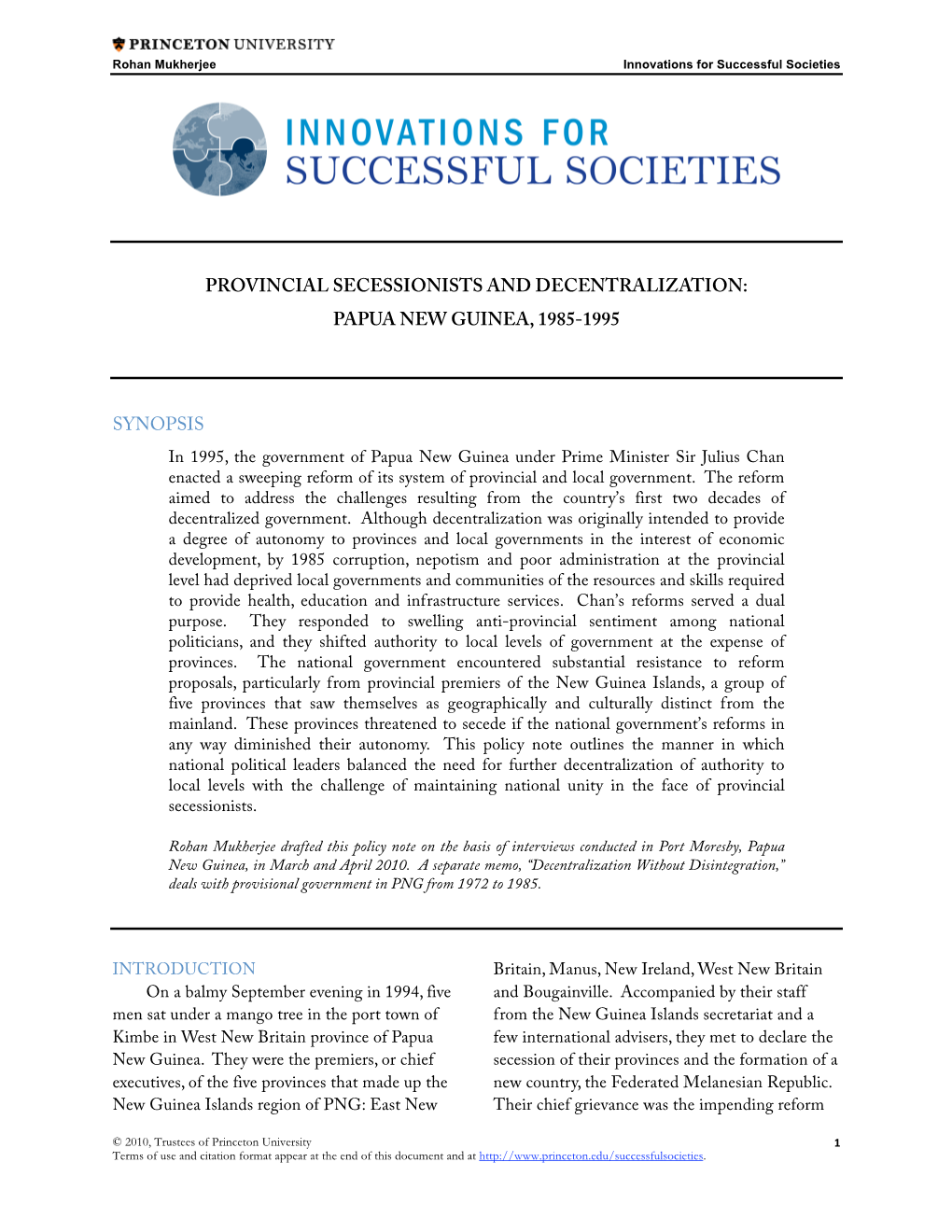 Provincial Secessionists and Decentralization: Papua New Guinea, 1985-1995