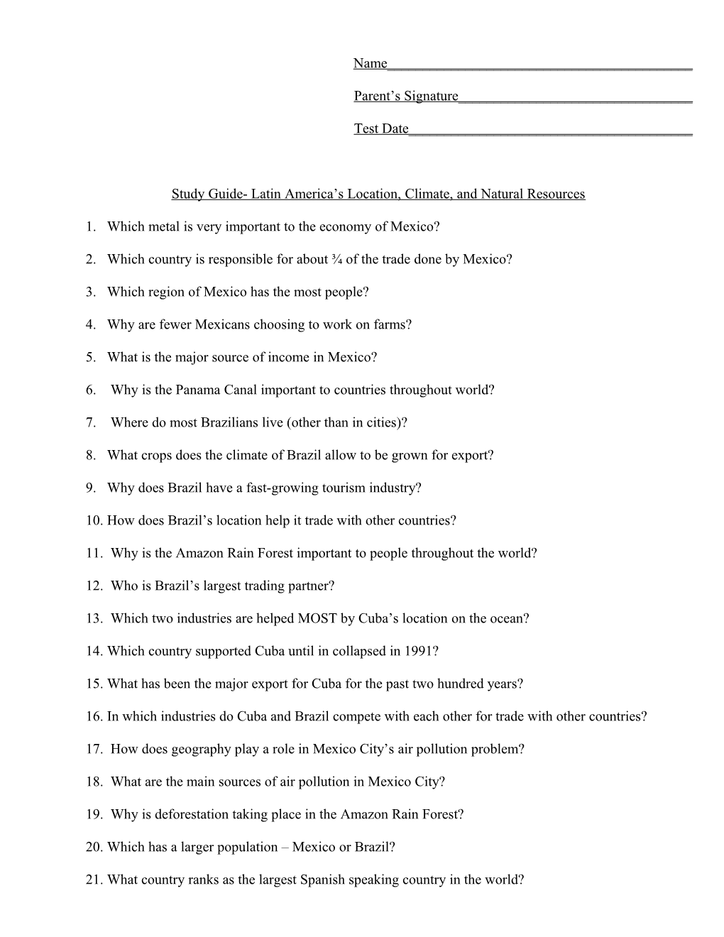 Review Questions- Latin America S Location, Climate, and Natural Resources s1