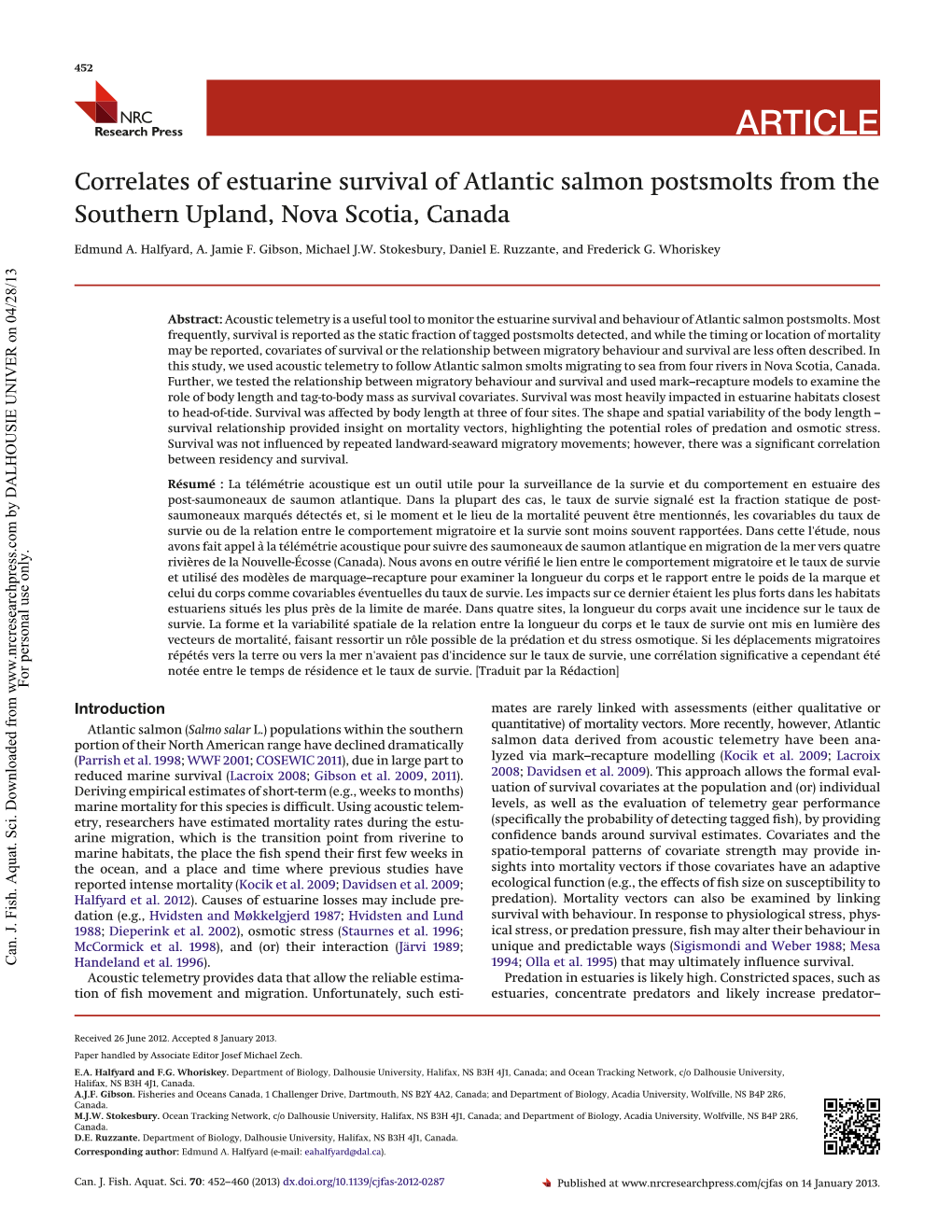 Correlates of Estuarine Survival of Atlantic Salmon Postsmolts from the Southern Upland, Nova Scotia, Canada