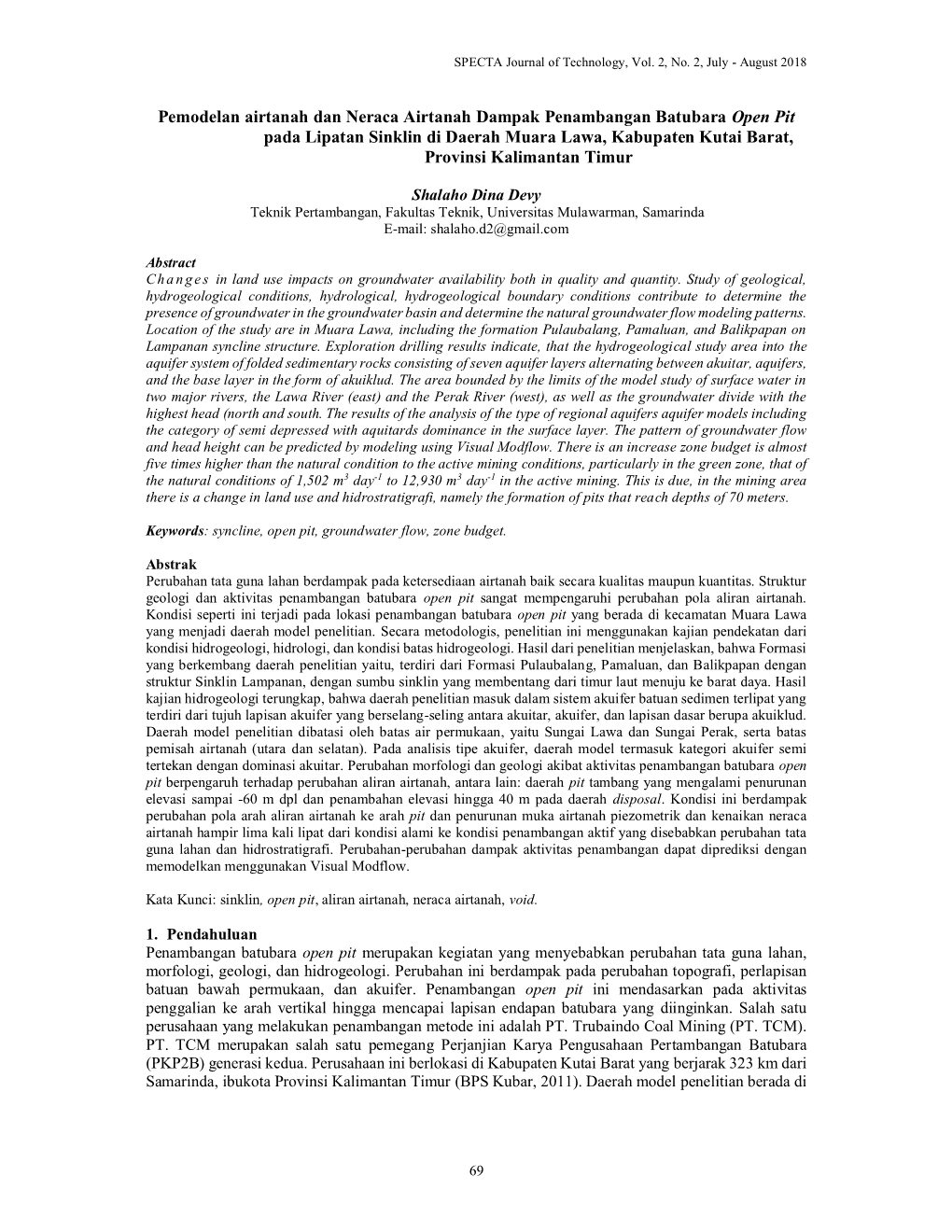 Shalaho Dina Devy Teknik Pertambangan, Fakultas Teknik, Universitas Mulawarman, Samarinda E-Mail: Shalaho.D2@Gmail.Com