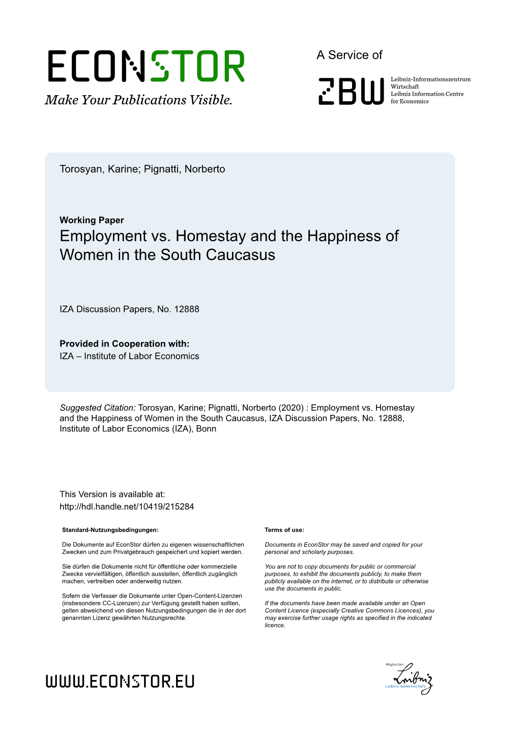 Employment Vs. Homestay and the Happiness of Women in the South Caucasus