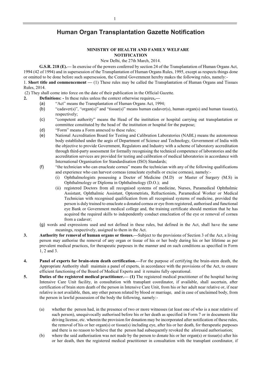 Human Organ Transplantation Gazette Notification