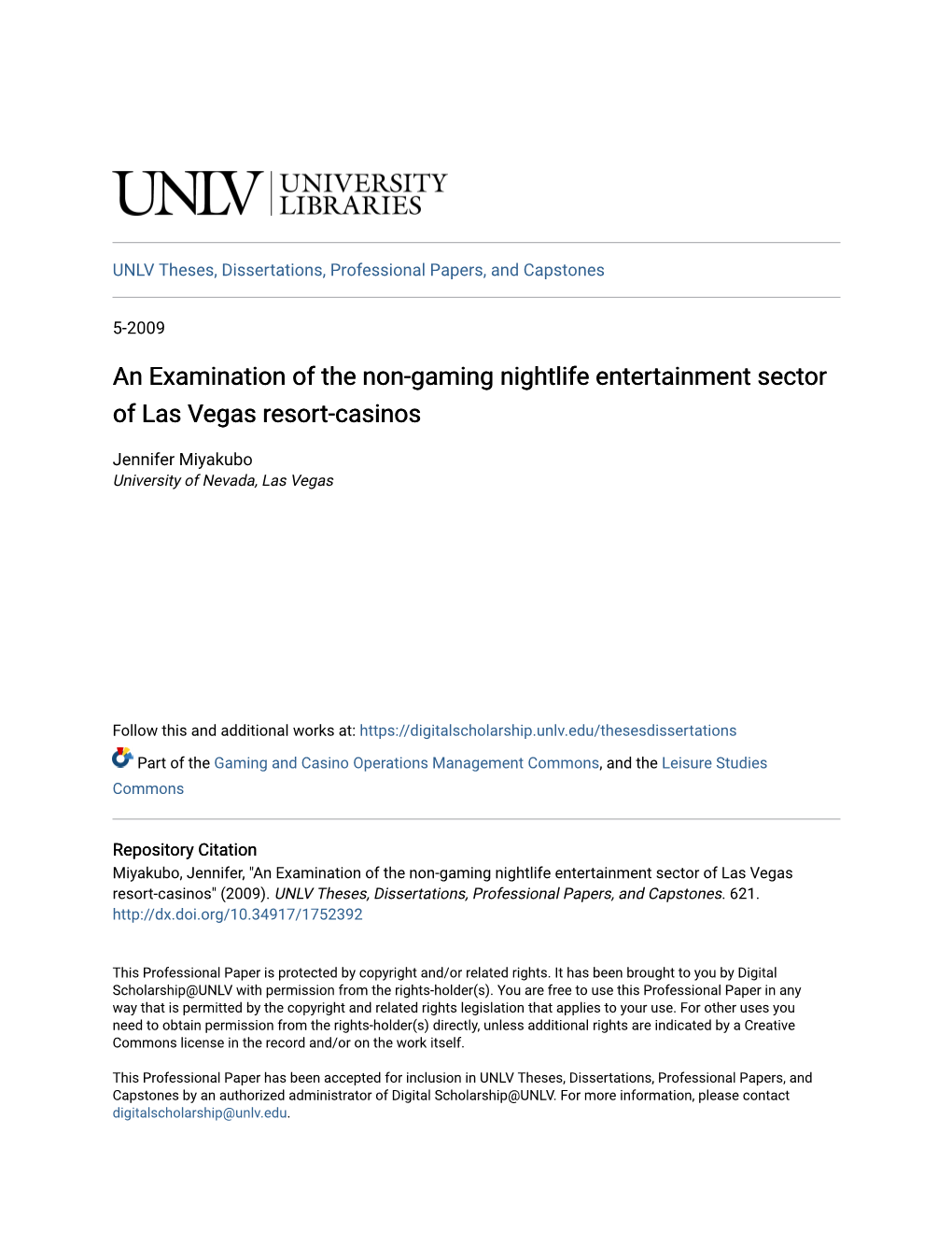 An Examination of the Non-Gaming Nightlife Entertainment Sector of Las Vegas Resort-Casinos