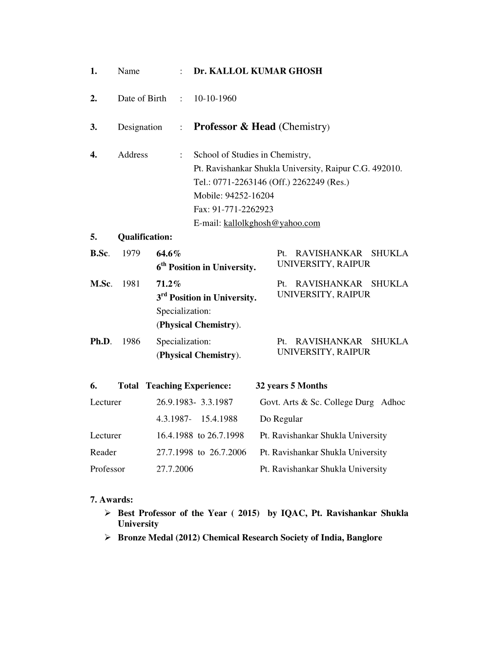 Professor & Head (Chemistry)