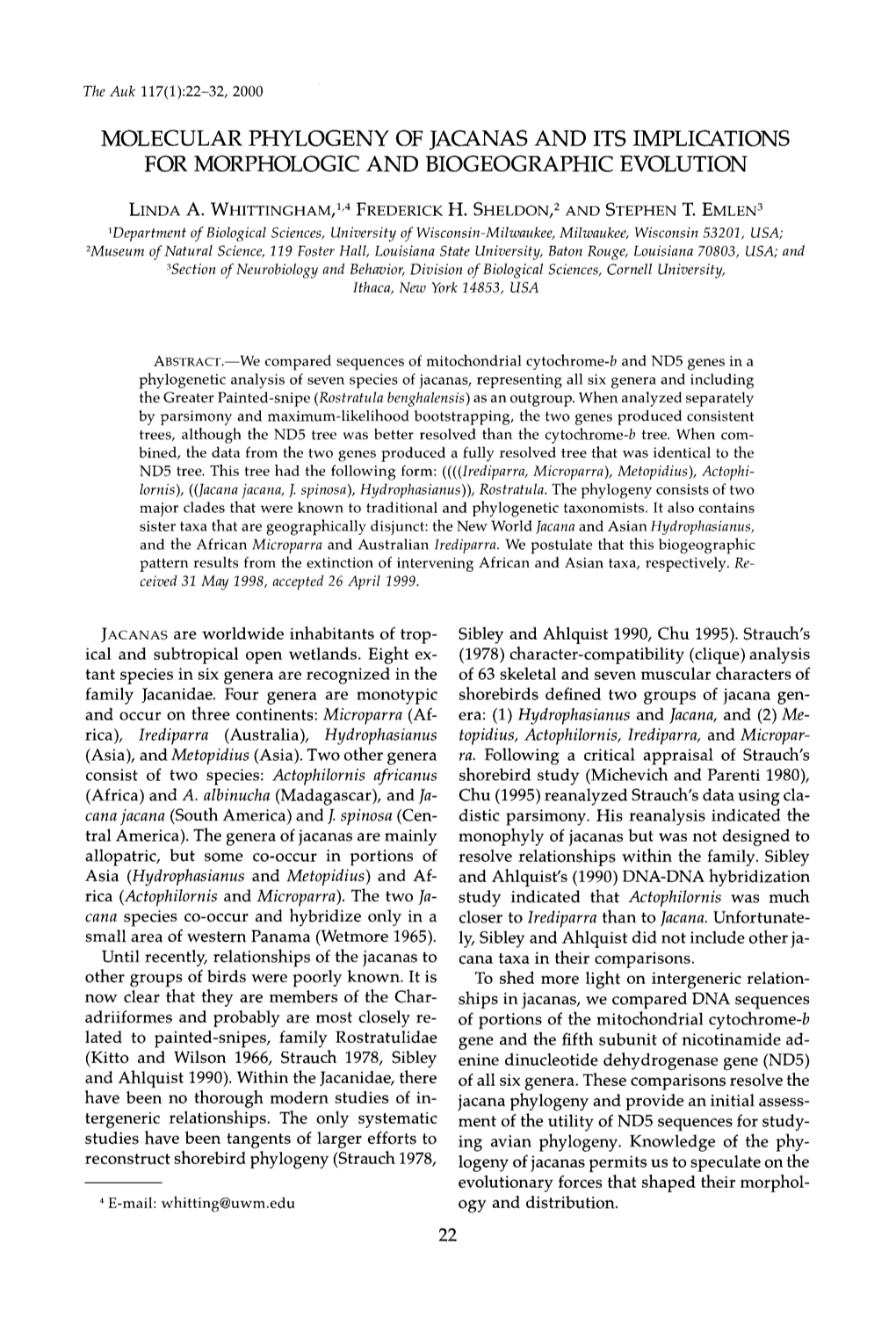 Molecular Phylogeny of Jacanas and Its Implications for Morphologic and Biogeographic Evolution