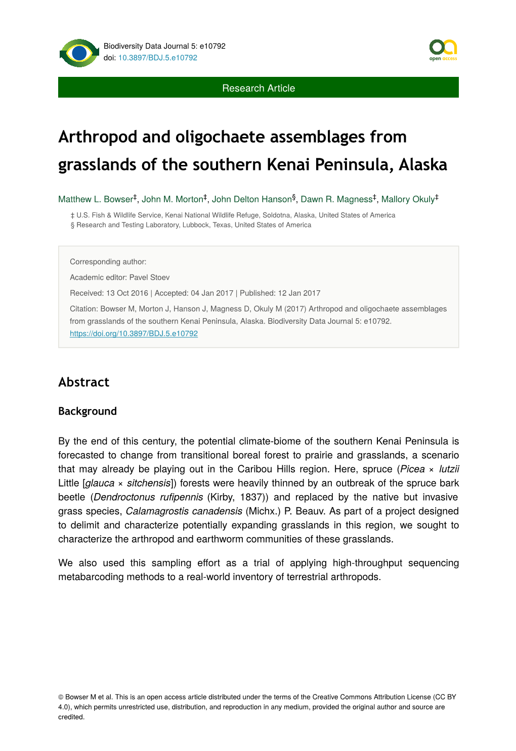 Arthropod and Oligochaete Assemblages from Grasslands of the Southern Kenai Peninsula, Alaska