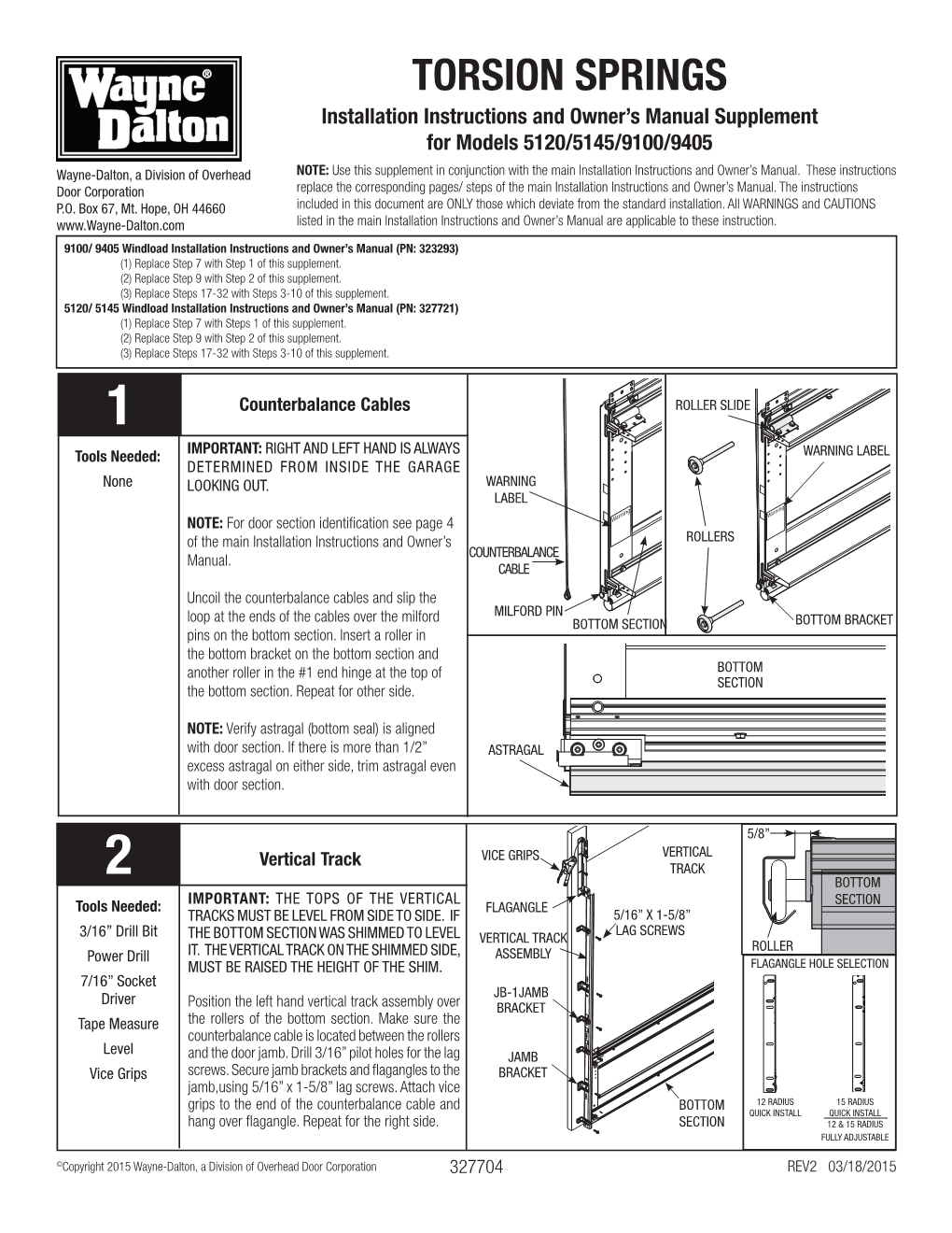 TORSION SPRINGS Installation Instructions and Owner’S Manual Supplement for Models 5120/5145/9100/9405