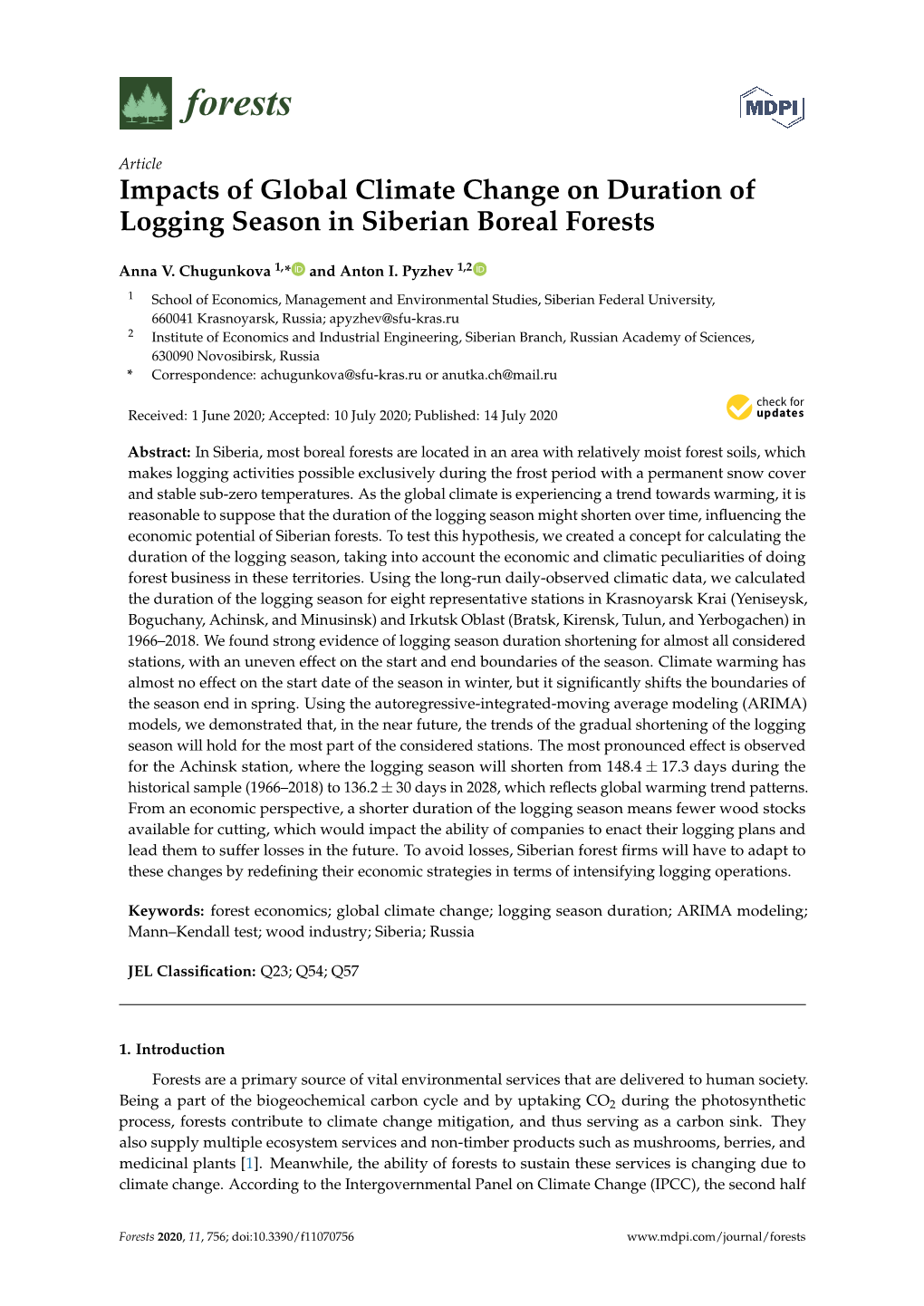 Impacts of Global Climate Change on Duration of Logging Season in Siberian Boreal Forests