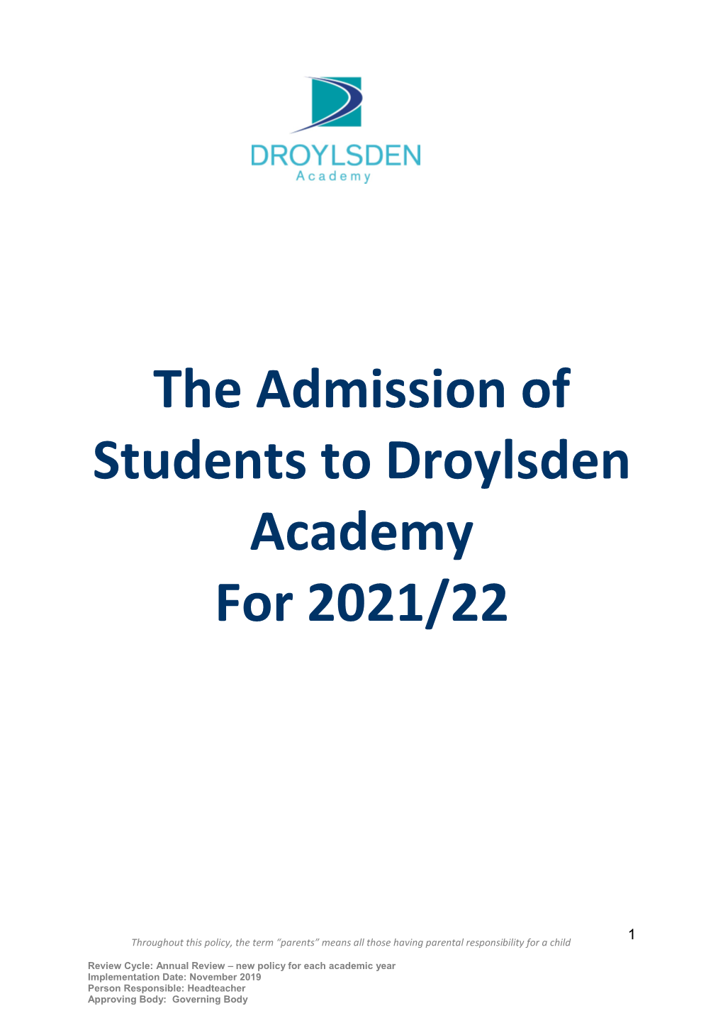The Admission of Students to Droylsden Academy for 2021/22