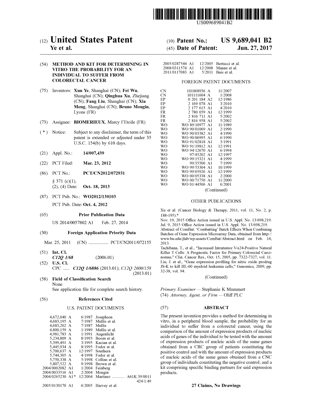 (12) United States Patent (10) Patent No.: US 9,689,041 B2 Ye Et Al