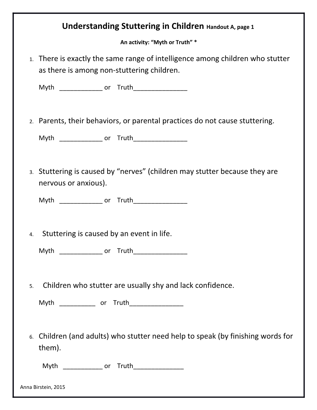 Understanding Stuttering in Children Handout A, Page 1