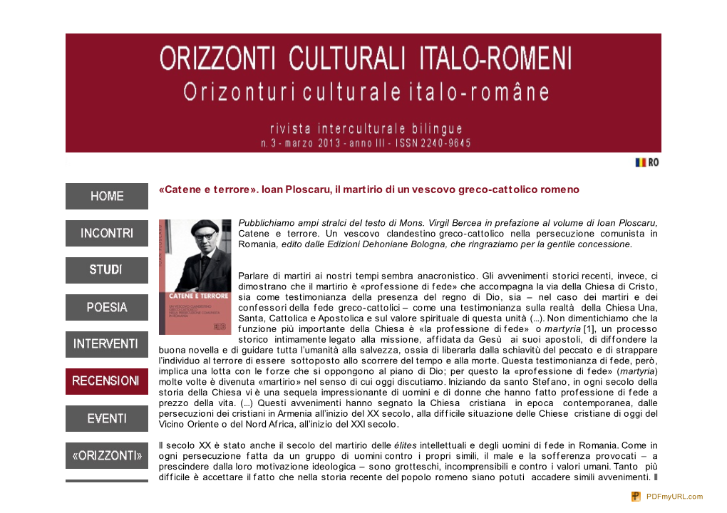 Ioan Ploscaru, Il Martirio Di Un Vescovo Greco-Cattolico Romeno