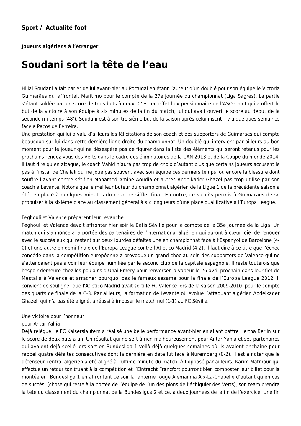 Soudani Sort La Tête De L'eau