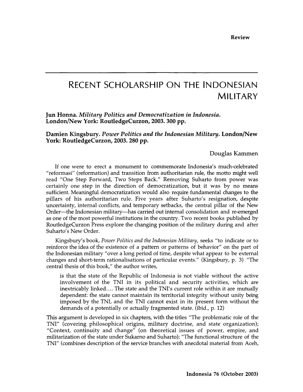 Recent Scholarship on the Indonesian Military