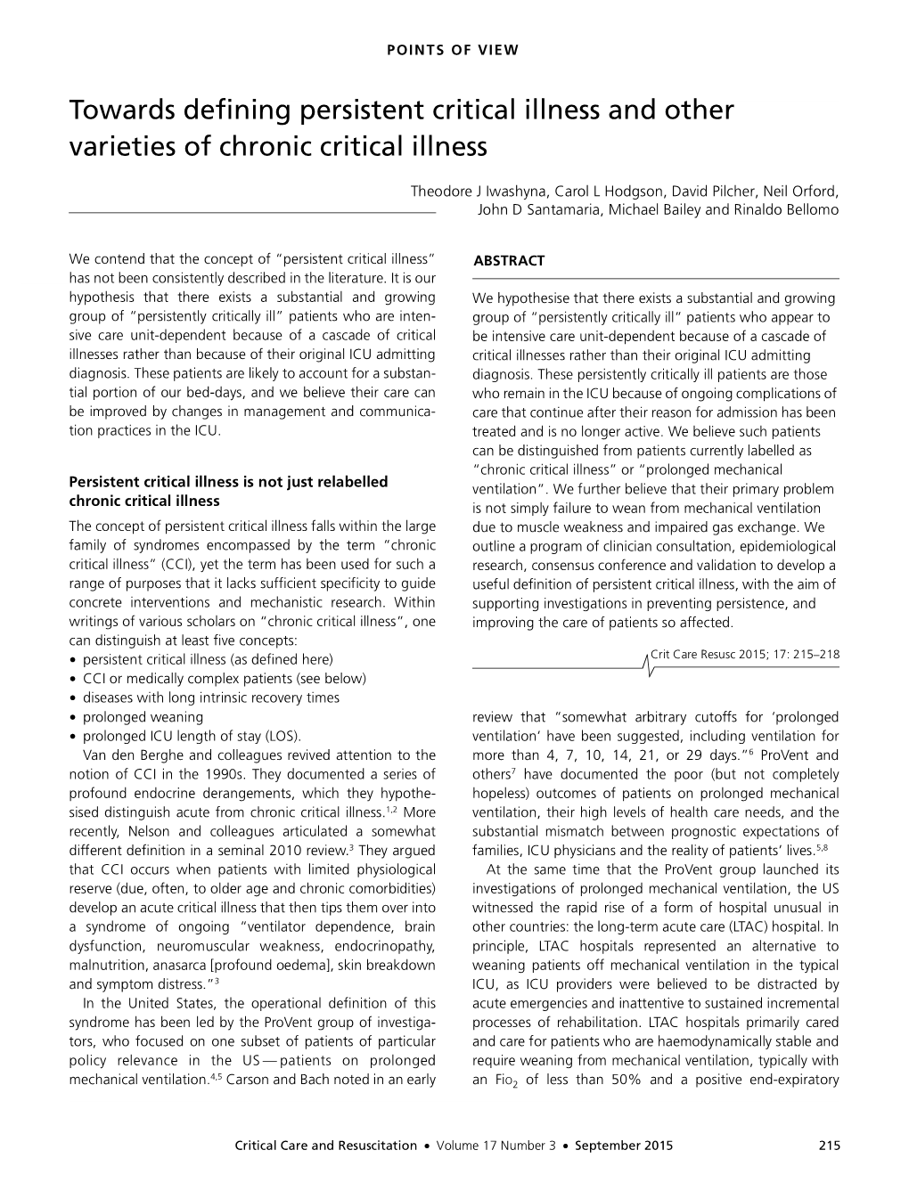 Towards Defining Persistent Critical Illness and Other Varieties of Chronic Critical Illness