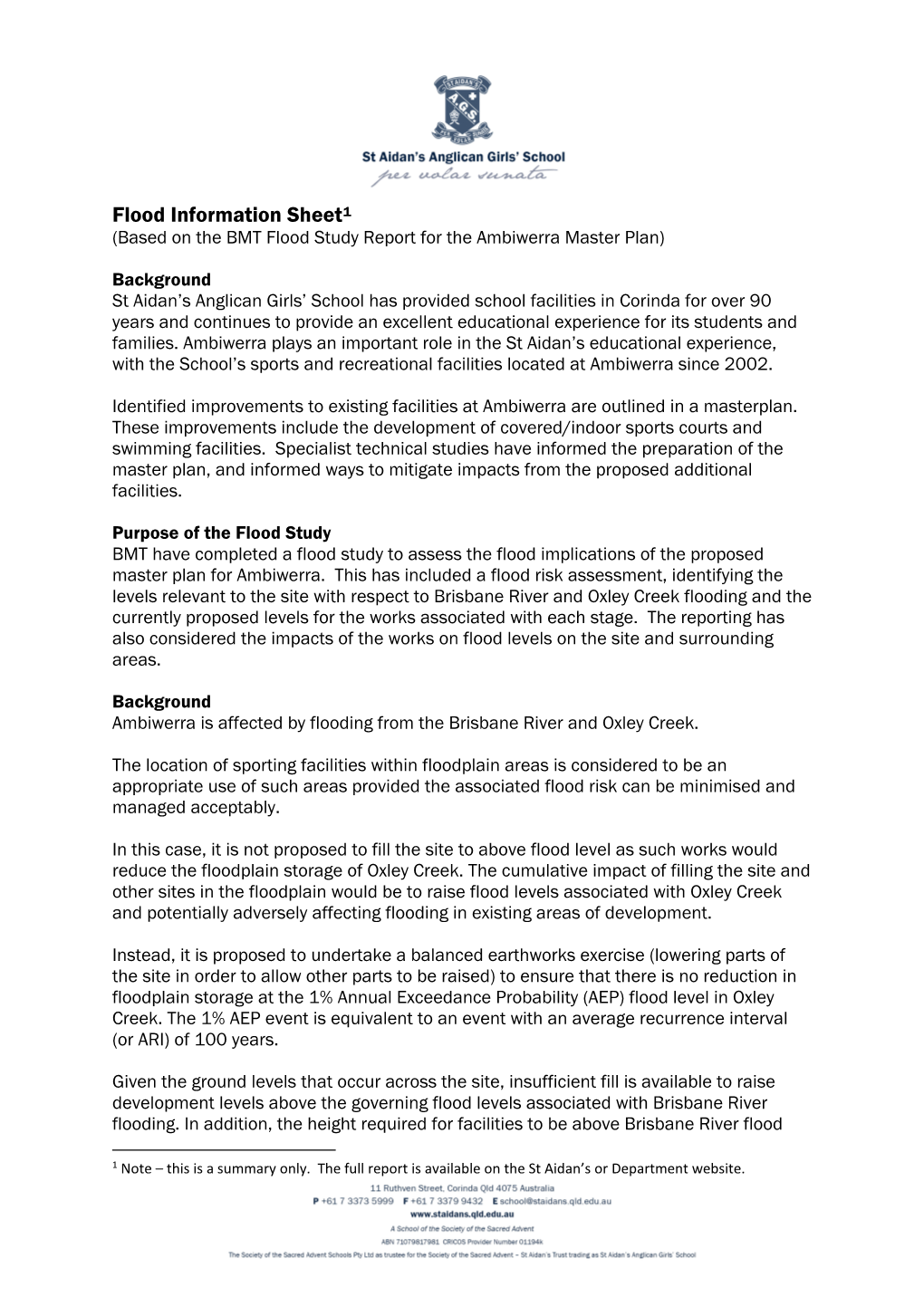 Flood Information Sheet1 (Based on the BMT Flood Study Report for the Ambiwerra Master Plan)