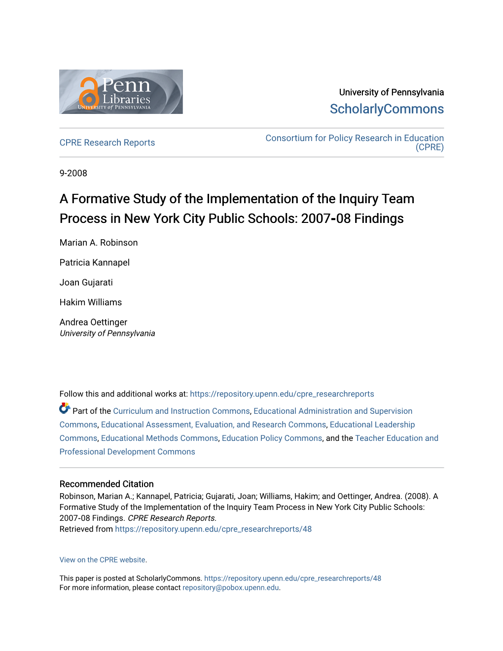 A Formative Study of the Implementation of the Inquiry Team Process in New York City Public Schools: 2007‐08 Findings
