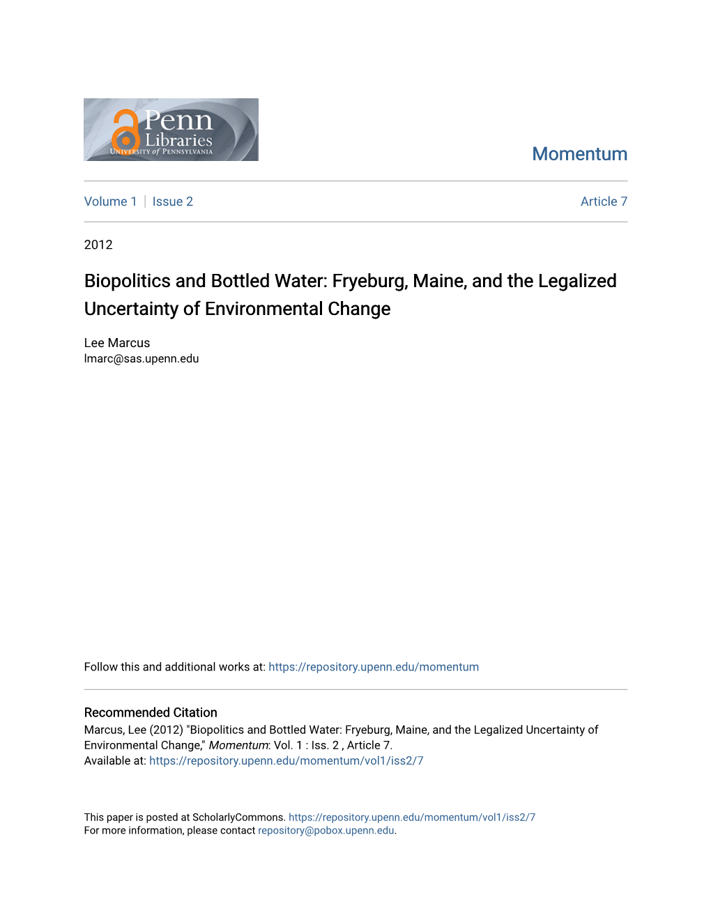 Biopolitics and Bottled Water: Fryeburg, Maine, and the Legalized Uncertainty of Environmental Change