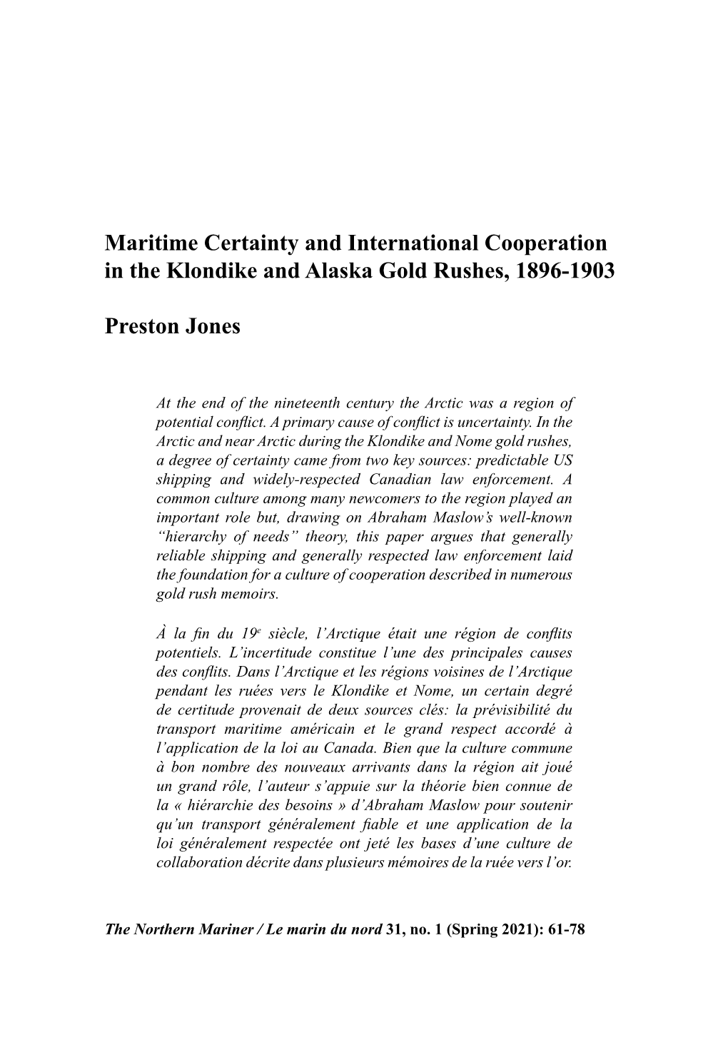 Maritime Certainty and International Cooperation in the Klondike and Alaska Gold Rushes, 1896-1903