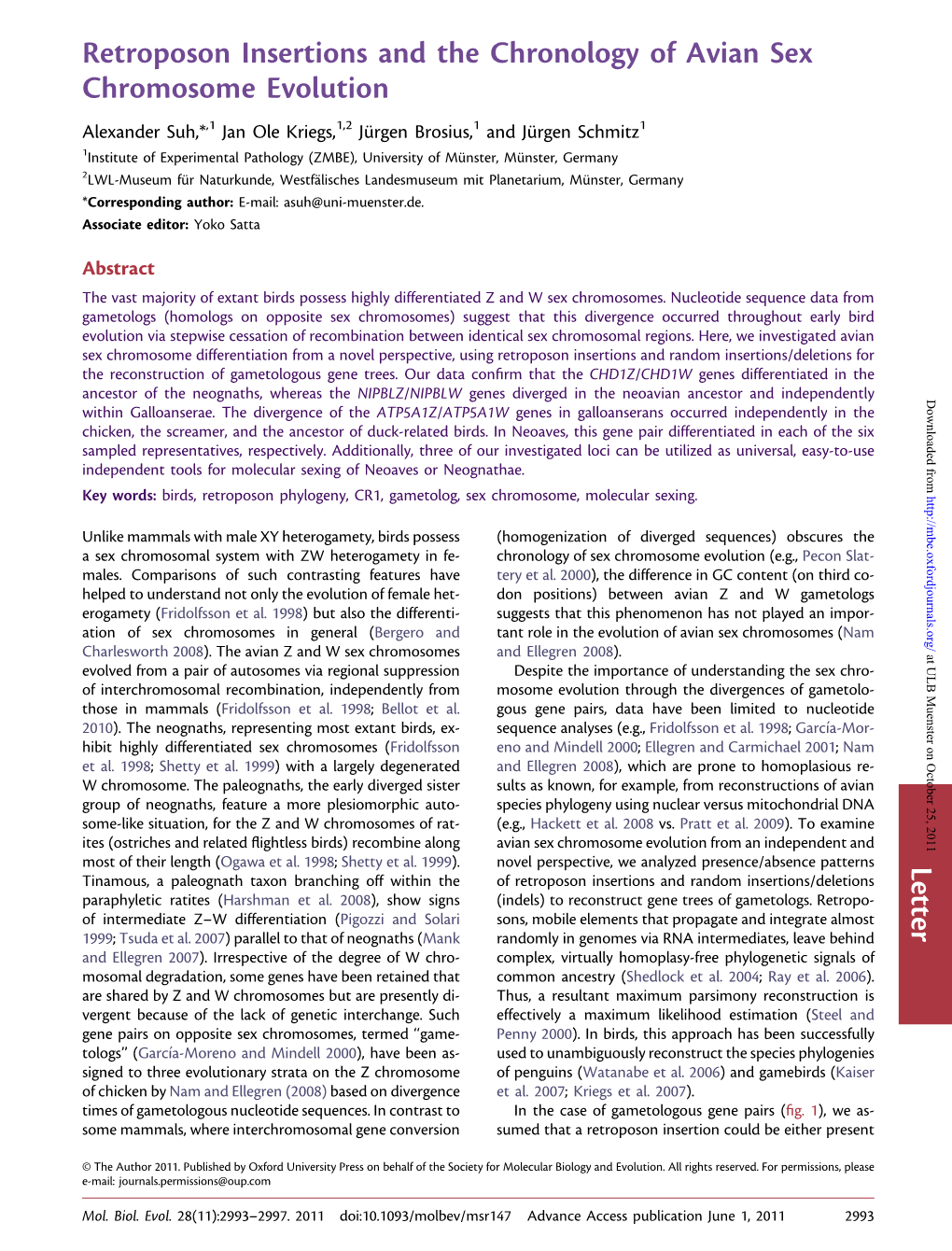 Retroposon Insertions and the Chronology of Avian Sex