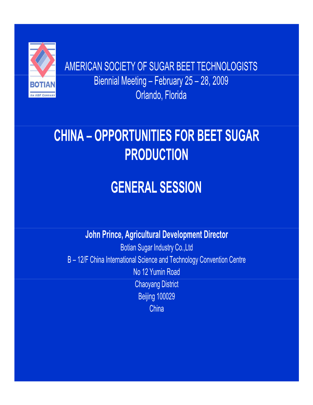 China – Opportunities for Beet Sugar Production