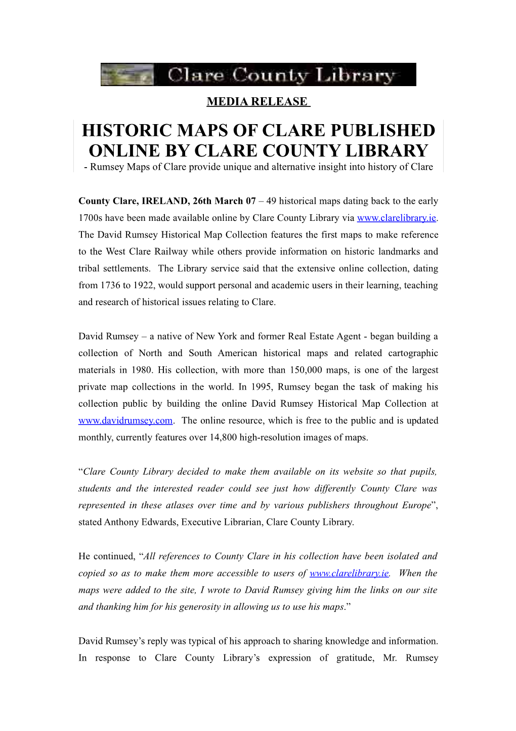 HISTORIC MAPS of CLARE PUBLISHED ONLINE by CLARE COUNTY LIBRARY - Rumsey Maps of Clare Provide Unique and Alternative Insight Into History of Clare