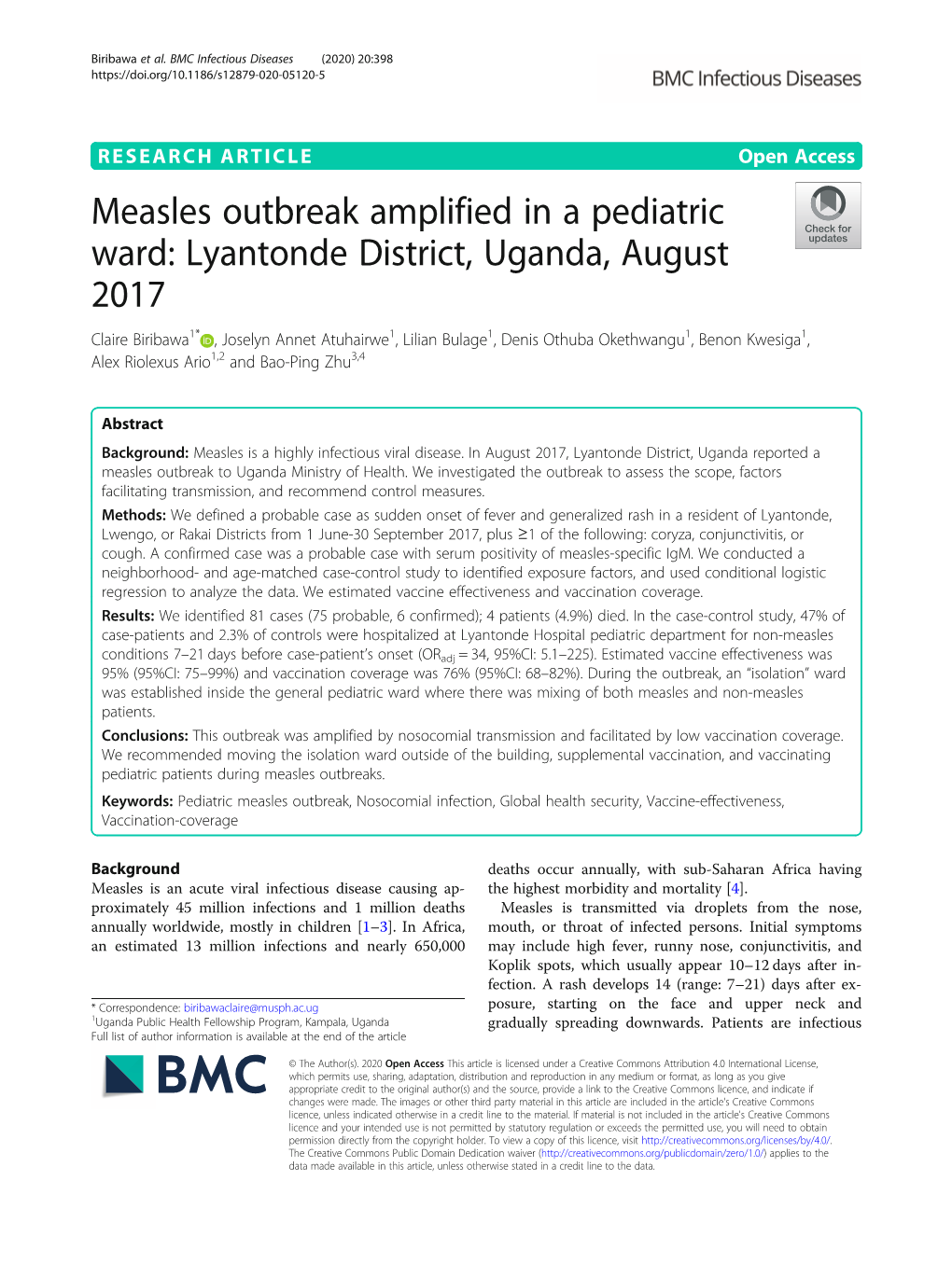 Measles Outbreak Amplified in a Pediatric Ward: Lyantonde District, Uganda, August 2017