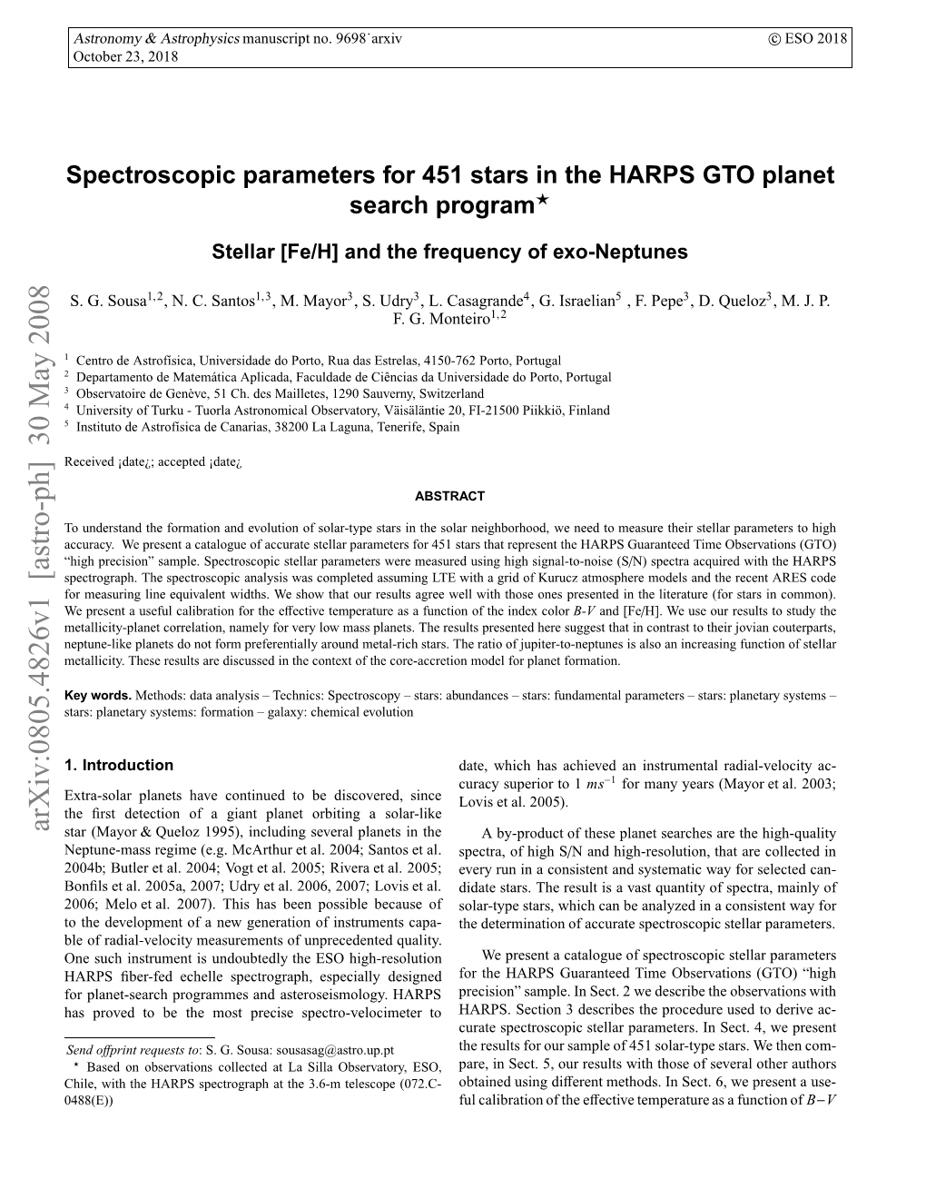 Spectroscopic Parameters for 451 Stars in the HARPS GTO Planet Search Program and [Fe/H]