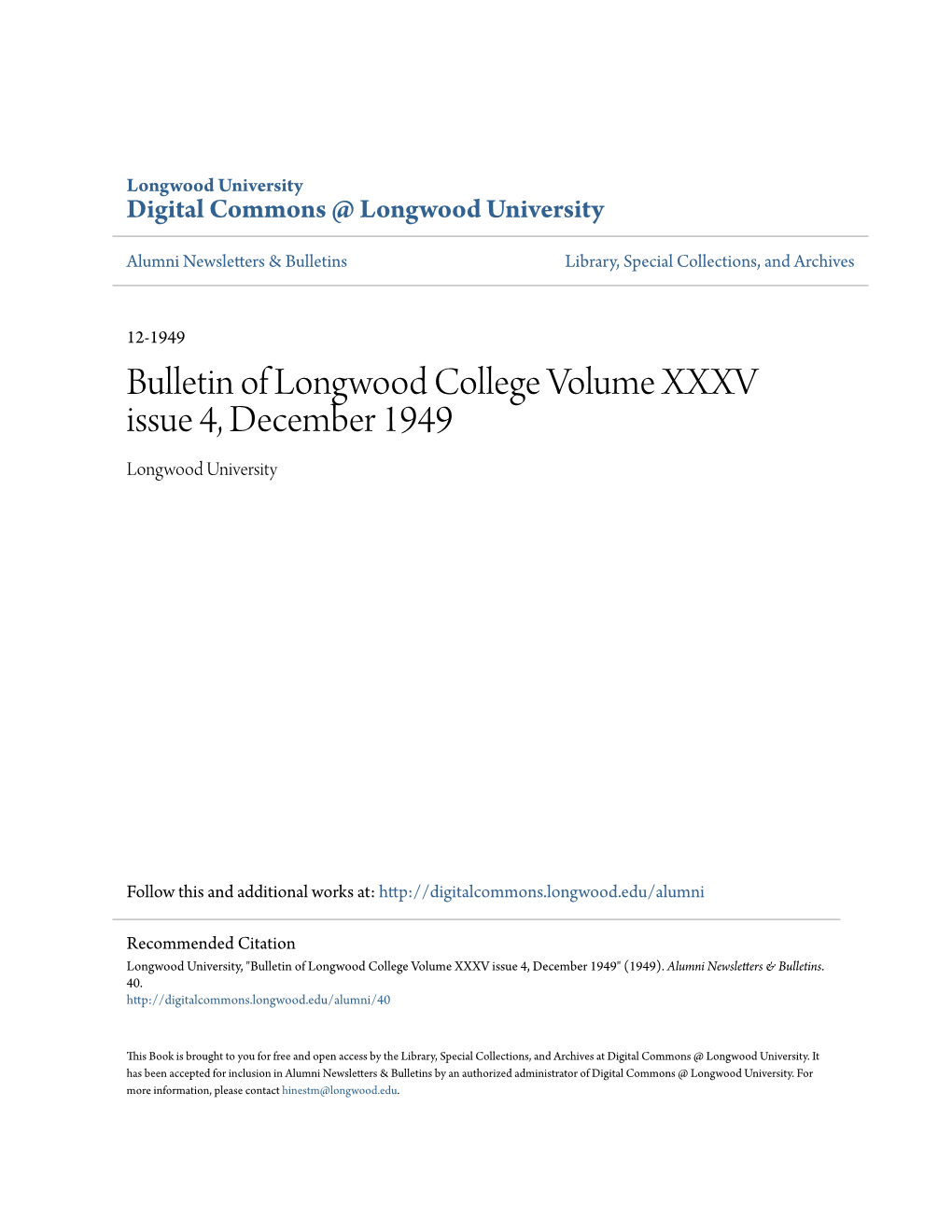 Bulletin of Longwood College Volume XXXV Issue 4, December 1949 Longwood University