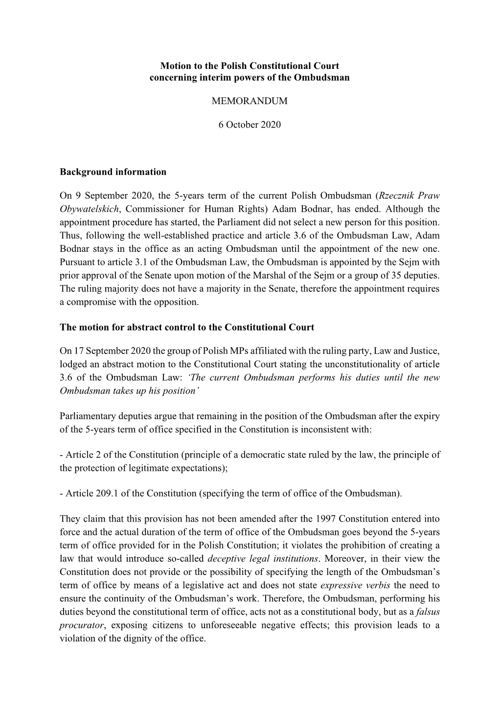 Motion to the Polish Constitutional Court Concerning Interim Powers of the Ombudsman MEMORANDUM 6 October 2020 Background Inform