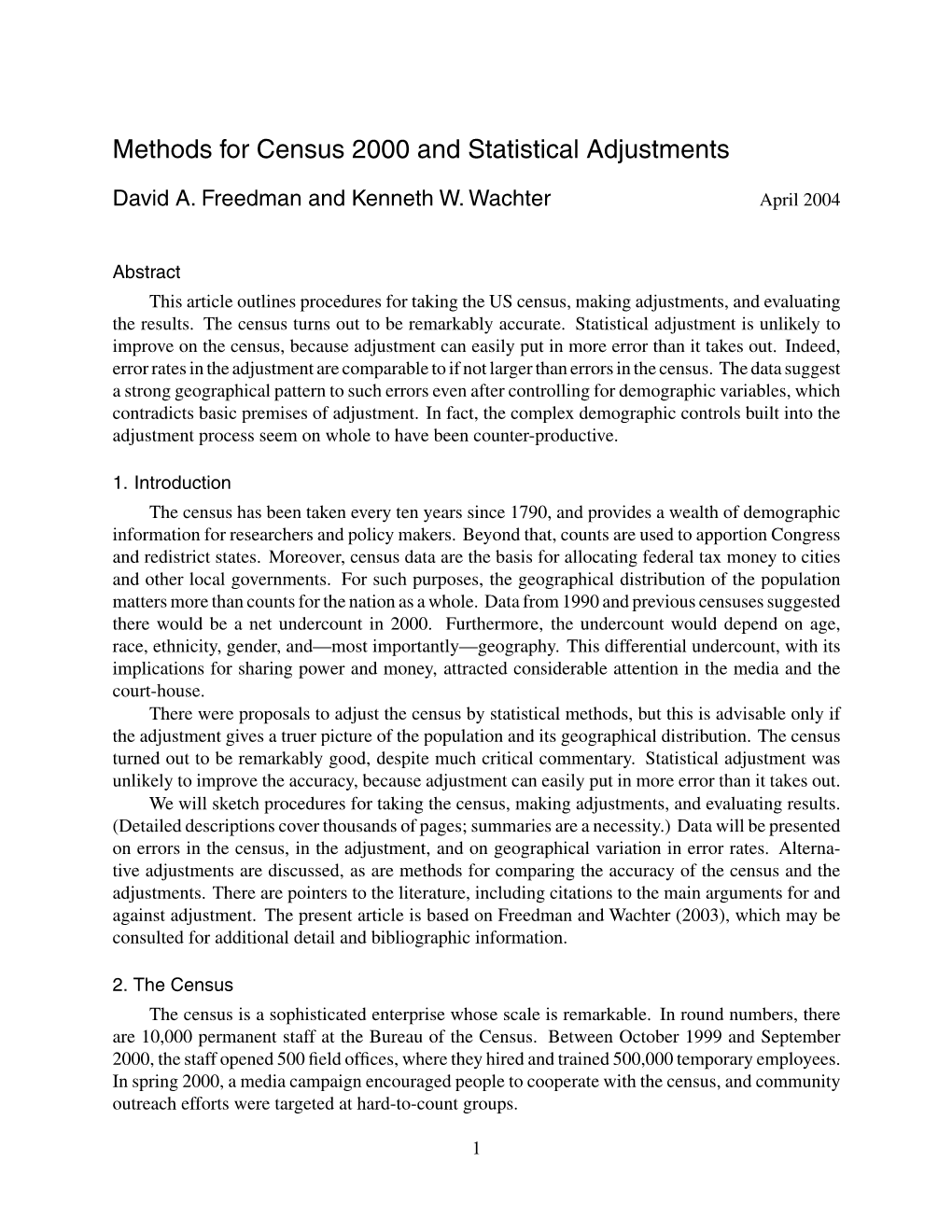 Methods for Census 2000 and Statistical Adjustments