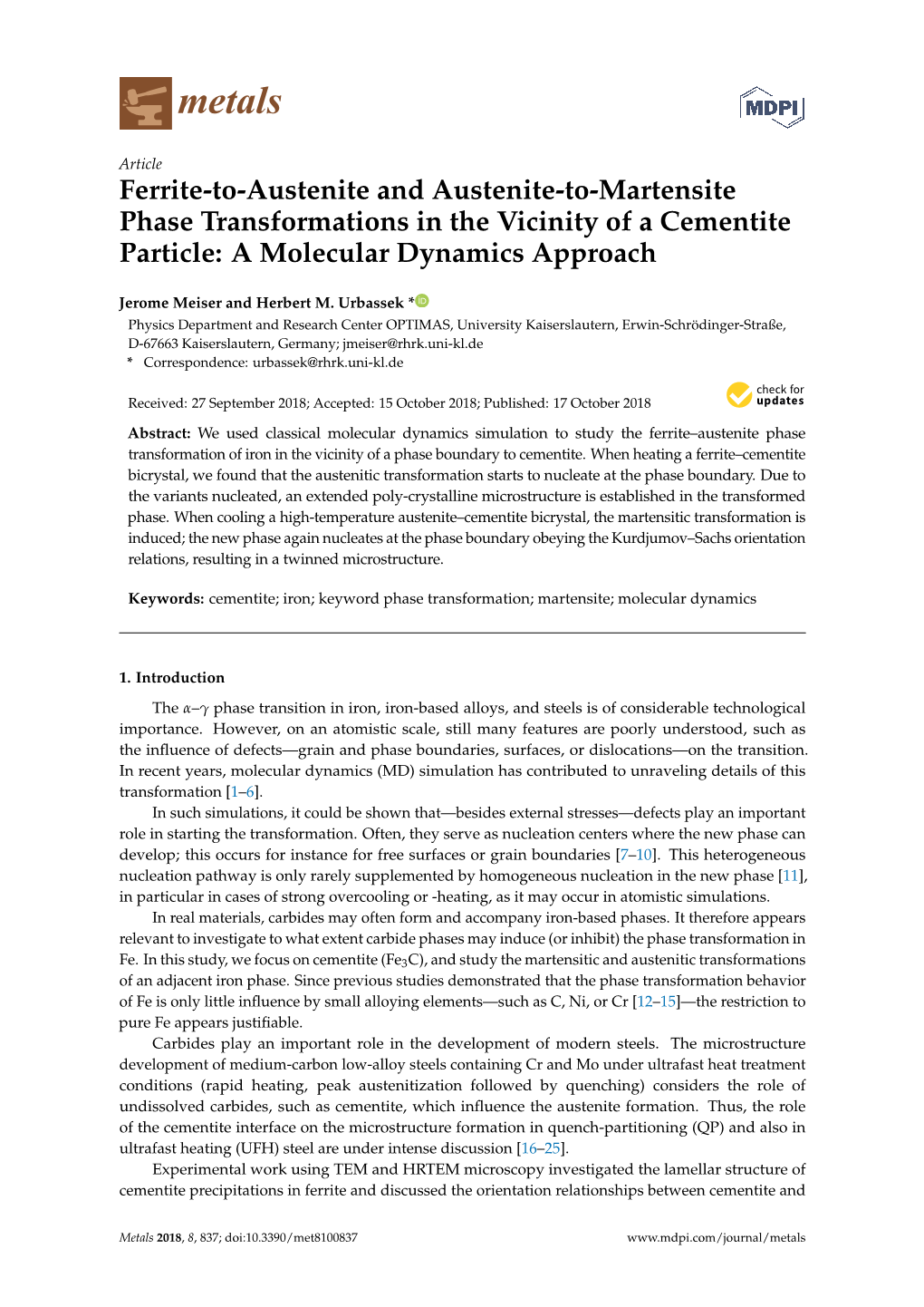 Ferrite-To-Austenite and Austenite-To-Martensite Phase Transformations in the Vicinity of a Cementite Particle: a Molecular Dynamics Approach