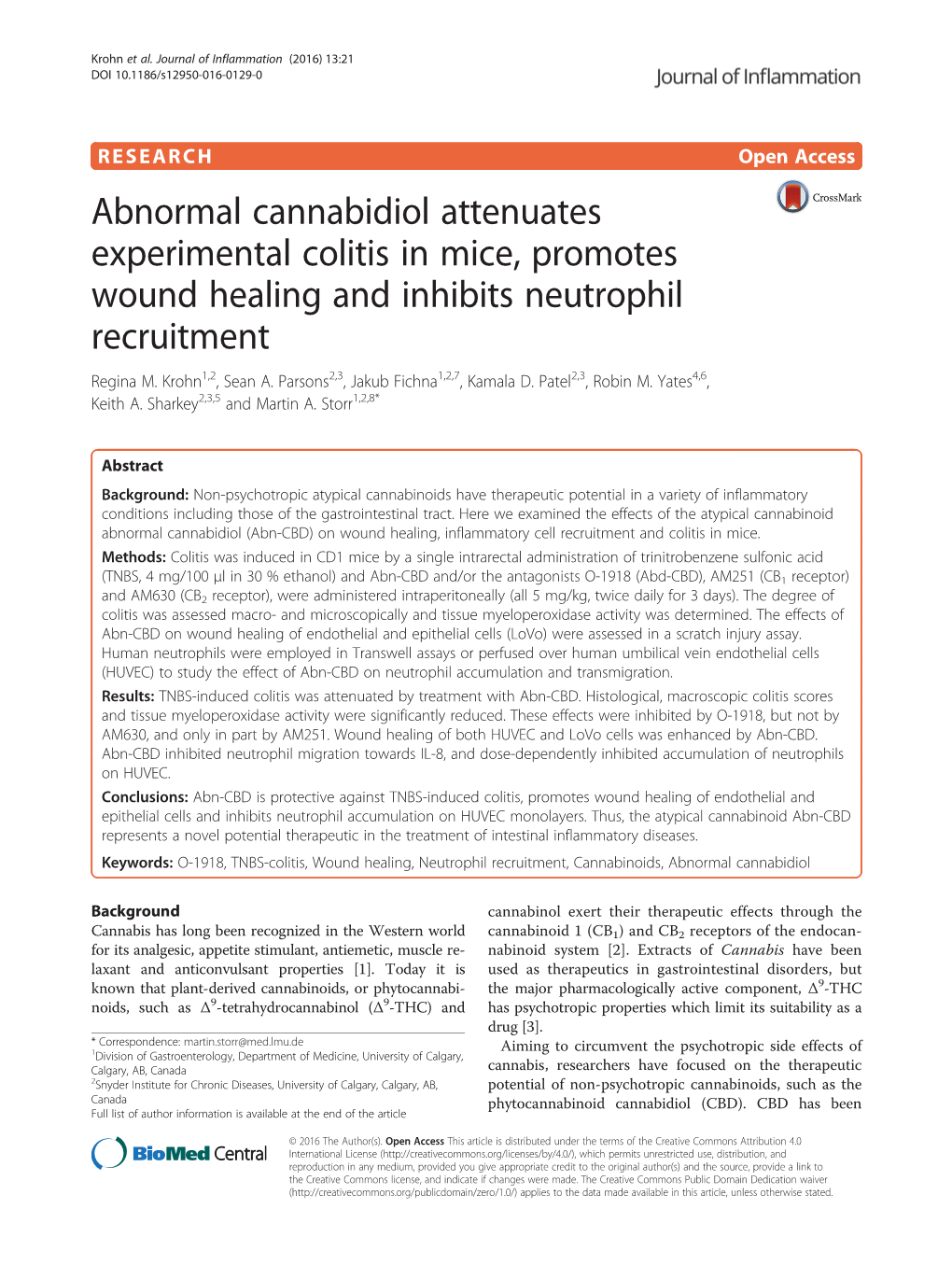 Abnormal Cannabidiol Attenuates Experimental Colitis in Mice, Promotes Wound Healing and Inhibits Neutrophil Recruitment Regina M