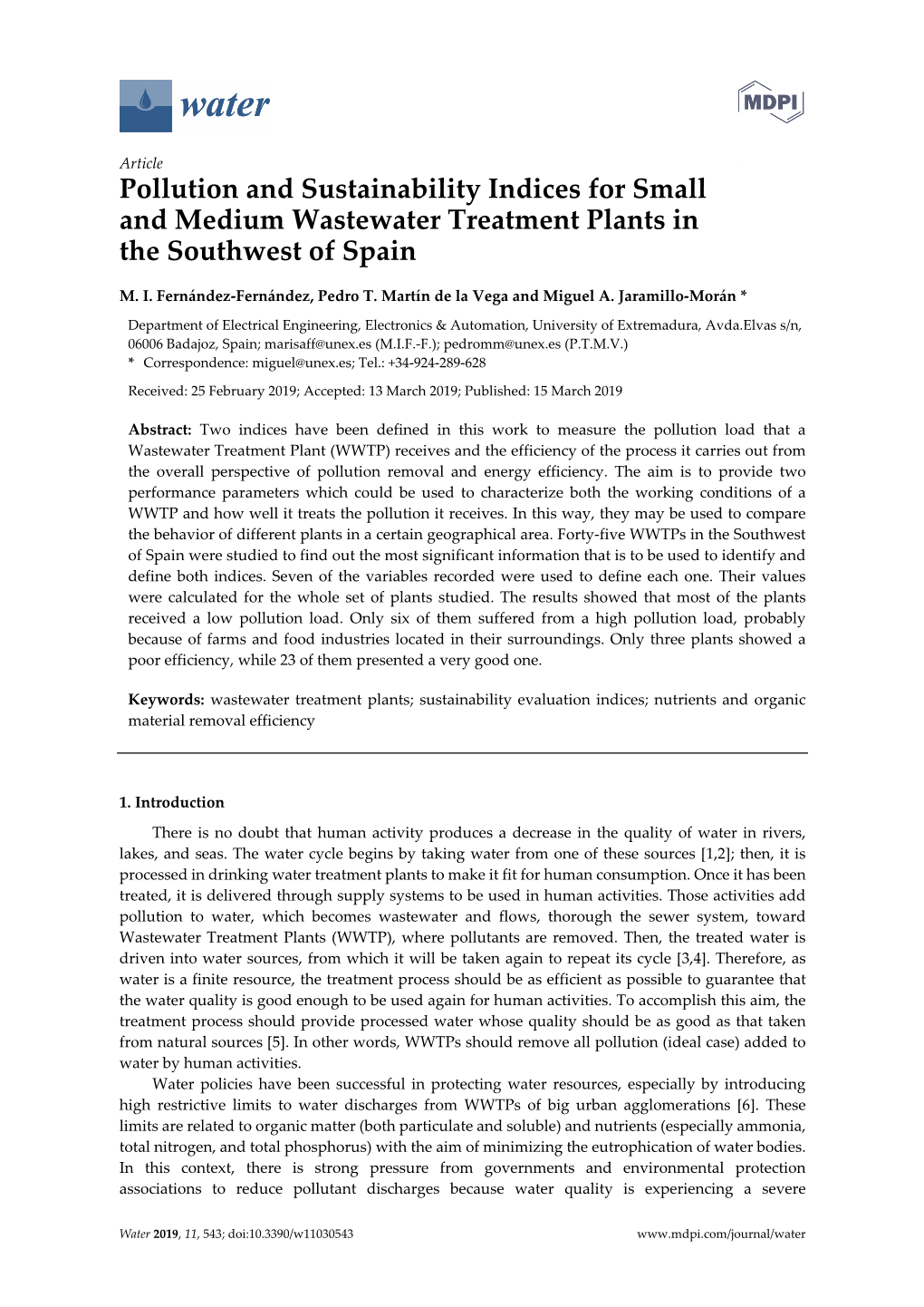 Pollution and Sustainability Indices for Small and Medium Wastewater Treatment Plants in the Southwest of Spain