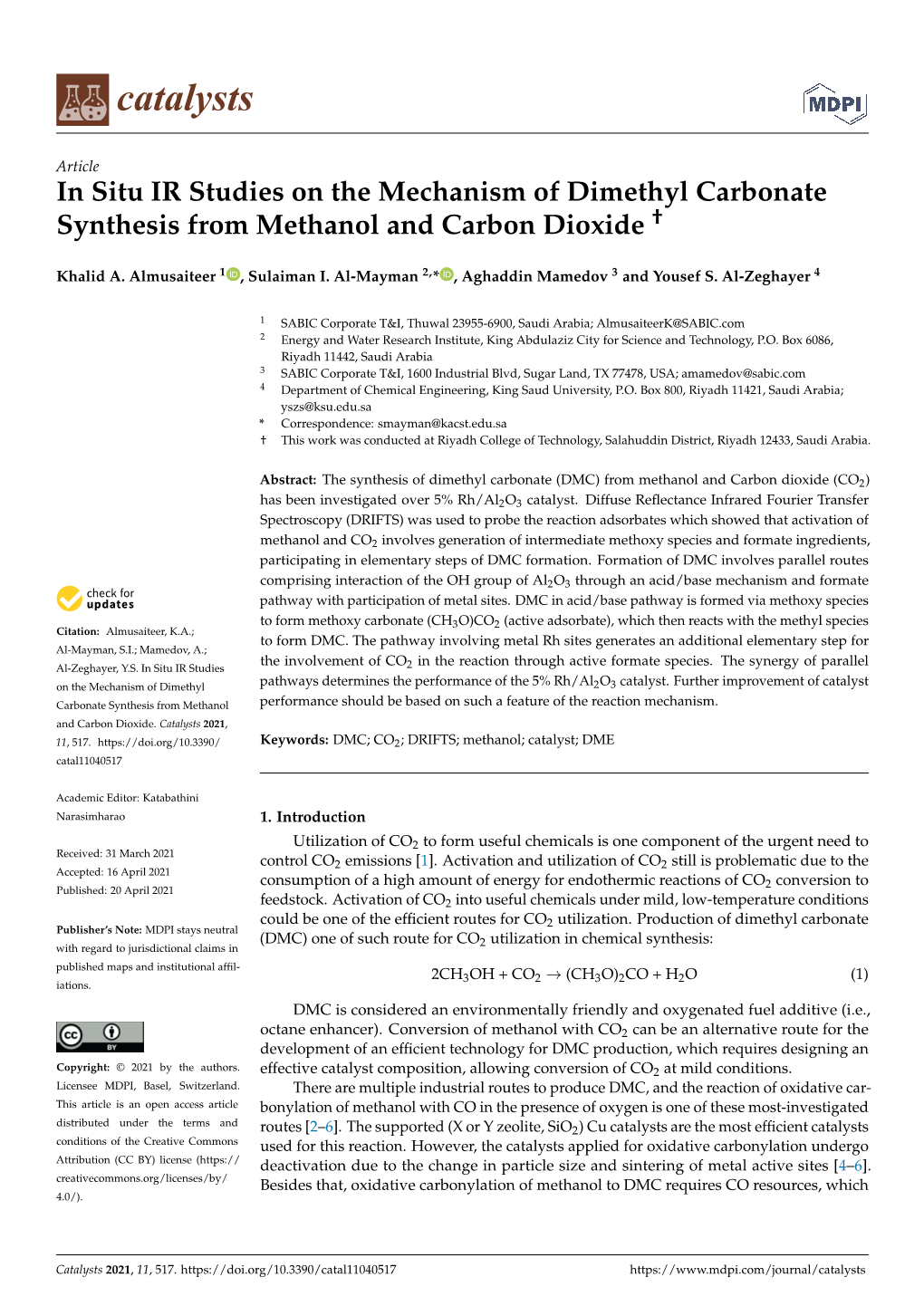 In Situ IR Studies on the Mechanism of Dimethyl Carbonate Synthesis from Methanol and Carbon Dioxide †