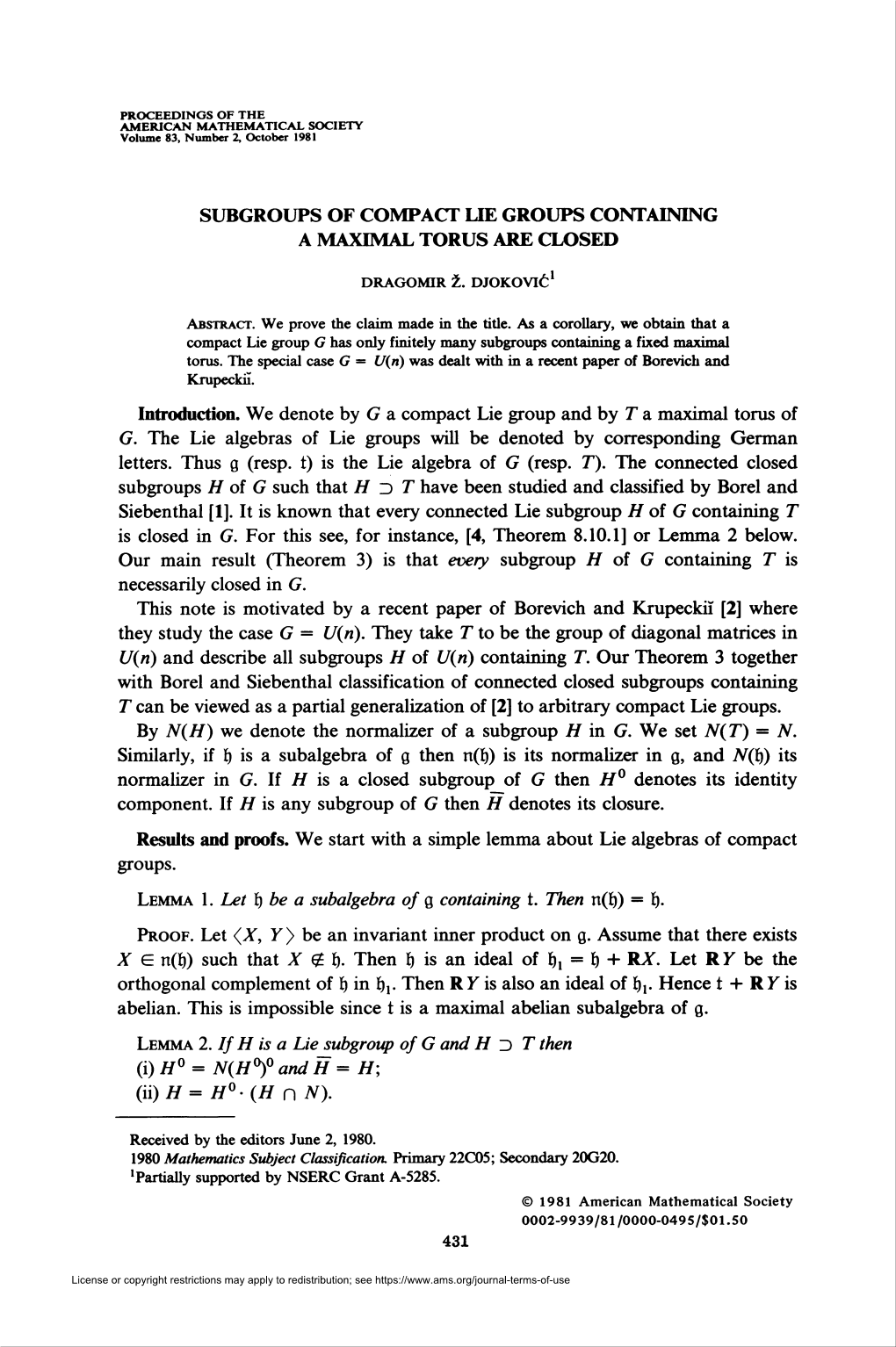 Subgroups of Compact Lie Groups Containing a Maximal Torus Are Closed